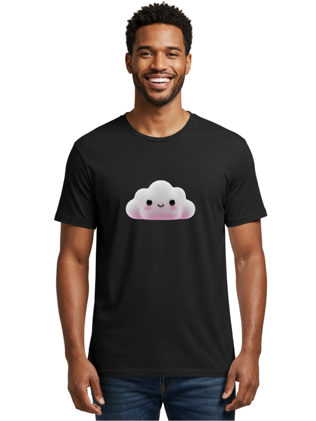 Cloud-Emoticon Men'S Graphic Tee, 100% Cotton, Comfortable Casual Summer Wear, Machine Washable, Cute Cartoon Cloud, Plush Toy, Smiling Face, Soft And Cuddly, Pastel Colors, Adorable Design, Kawaii Character Bae409