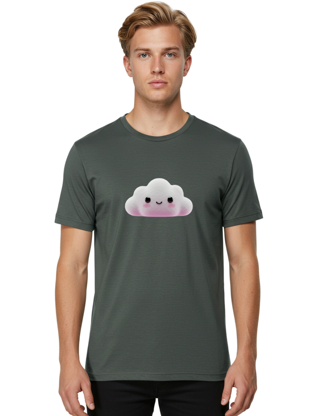 Cloud-Emoticon Men'S Graphic Tee, 100% Cotton, Comfortable Casual Summer Wear, Machine Washable, Cute Cartoon Cloud, Plush Toy, Smiling Face, Soft And Cuddly, Pastel Colors, Adorable Design, Kawaii Character Bae409