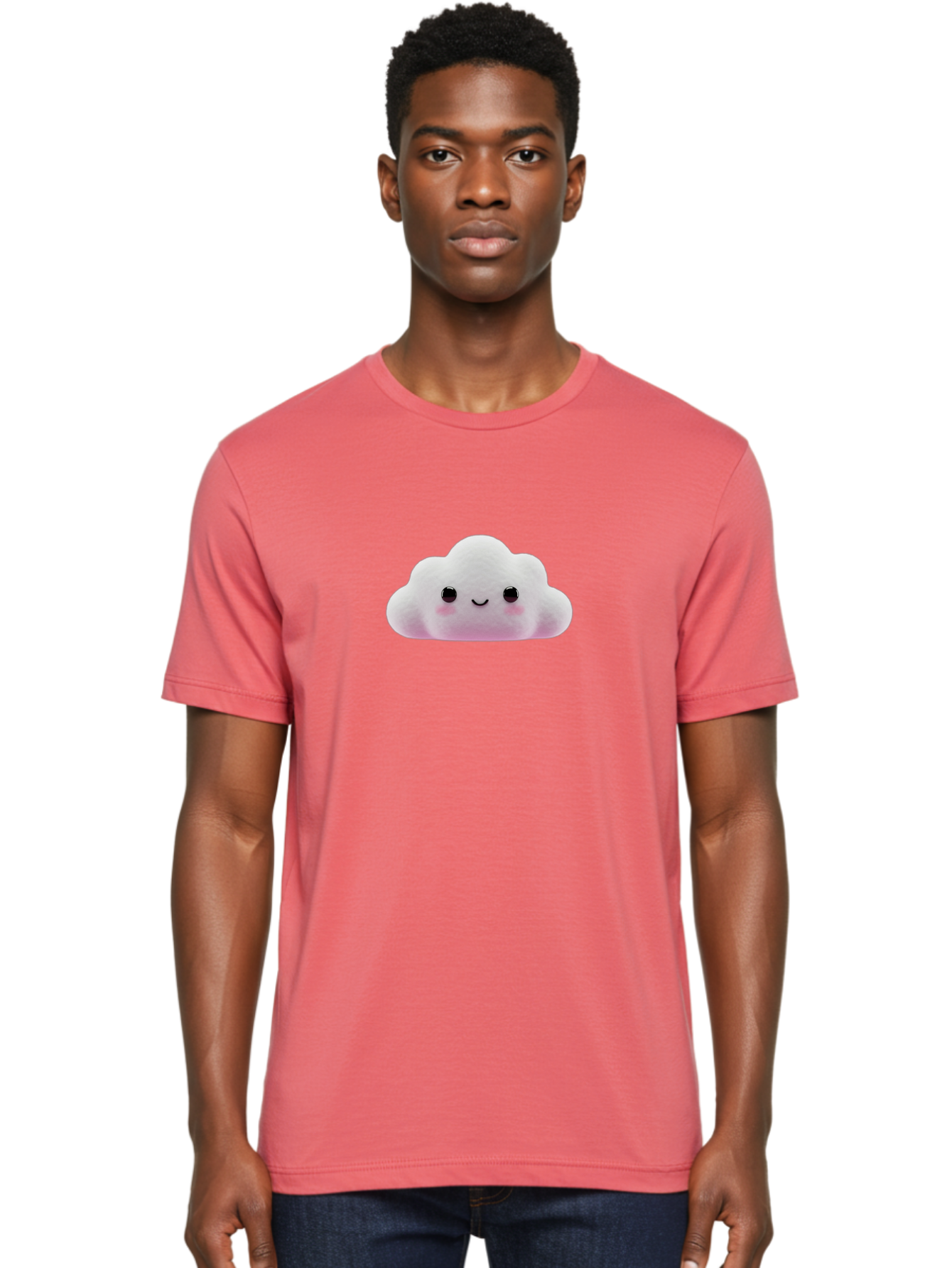 Cloud-Emoticon Men'S Graphic Tee, 100% Cotton, Comfortable Casual Summer Wear, Machine Washable, Cute Cartoon Cloud, Plush Toy, Smiling Face, Soft And Cuddly, Pastel Colors, Adorable Design, Kawaii Character Bae409
