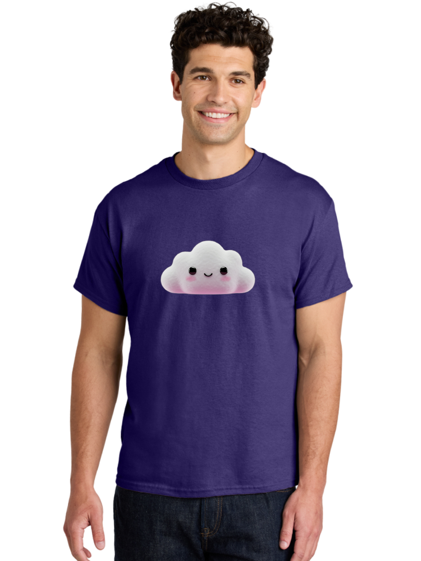 Cloud-Emoticon Men'S Graphic Tee, 100% Cotton, Comfortable Casual Summer Wear, Machine Washable, Cute Cartoon Cloud, Plush Toy, Smiling Face, Soft And Cuddly, Pastel Colors, Adorable Design, Kawaii Character Bae409