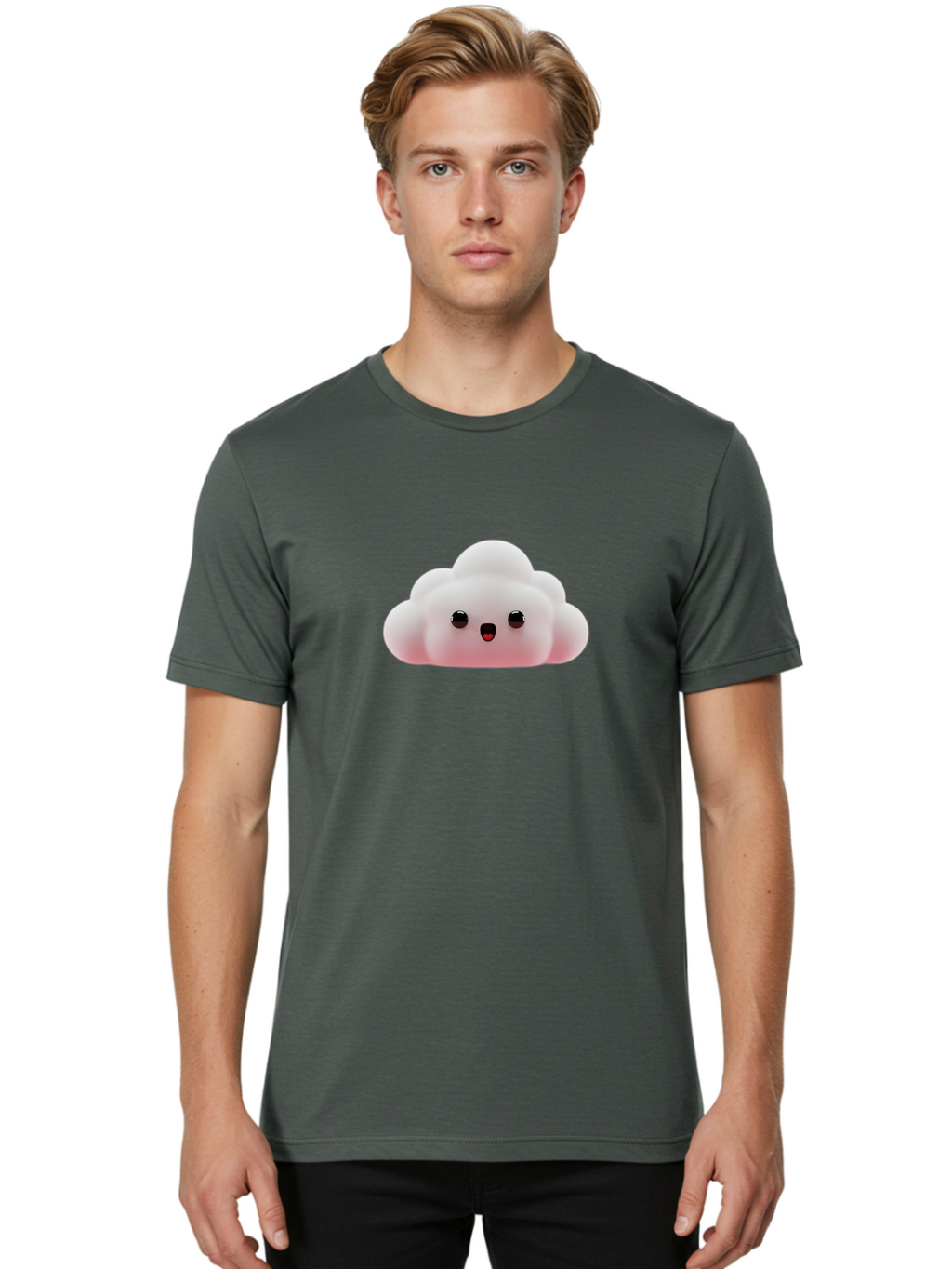 Cloud Men'S Graphic Tee, 100% Cotton, Comfortable Casual Summer Wear, Machine Washable, Cute Cloud, Kawaii Character, Fluffy Cloud, Cartoon Style, Soft Pink, Adorable Face, Big Eyes, Small Mouth, Playful Design, Digital Art Bae410