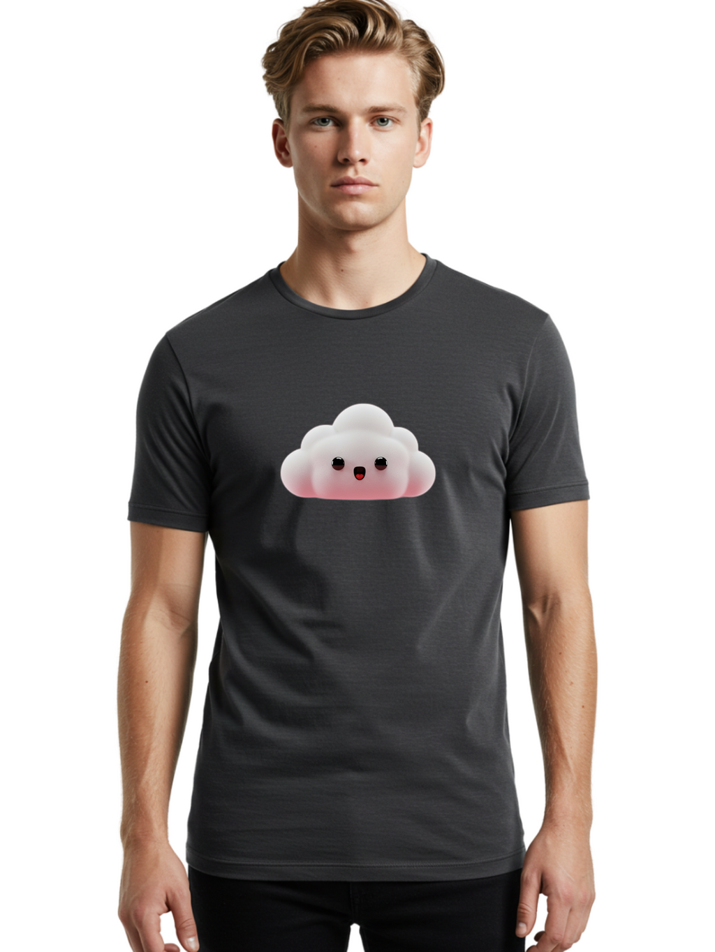 Cloud Men'S Graphic Tee, 100% Cotton, Comfortable Casual Summer Wear, Machine Washable, Cute Cloud, Kawaii Character, Fluffy Cloud, Cartoon Style, Soft Pink, Adorable Face, Big Eyes, Small Mouth, Playful Design, Digital Art Bae410