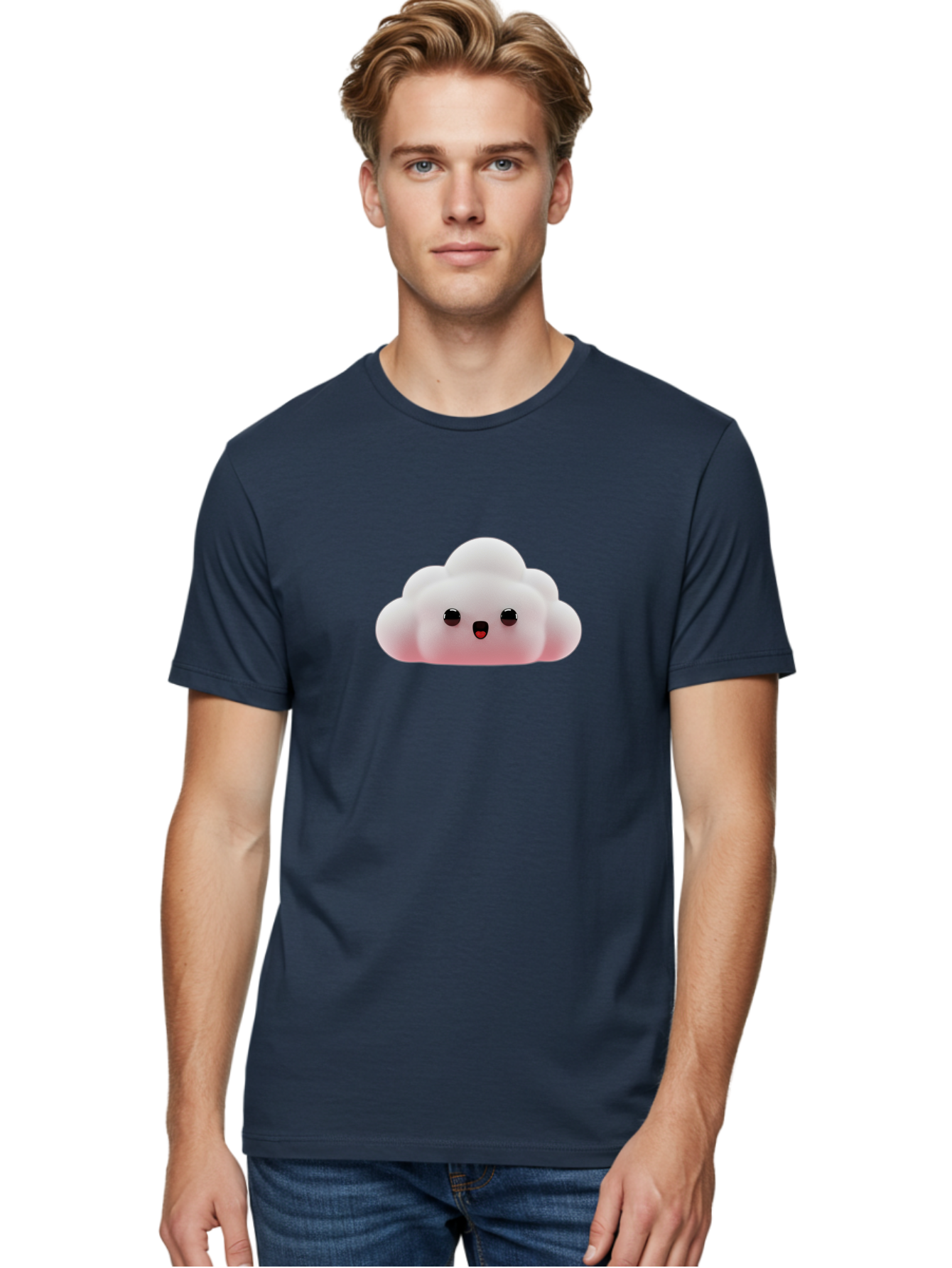 Cloud Men'S Graphic Tee, 100% Cotton, Comfortable Casual Summer Wear, Machine Washable, Cute Cloud, Kawaii Character, Fluffy Cloud, Cartoon Style, Soft Pink, Adorable Face, Big Eyes, Small Mouth, Playful Design, Digital Art Bae410