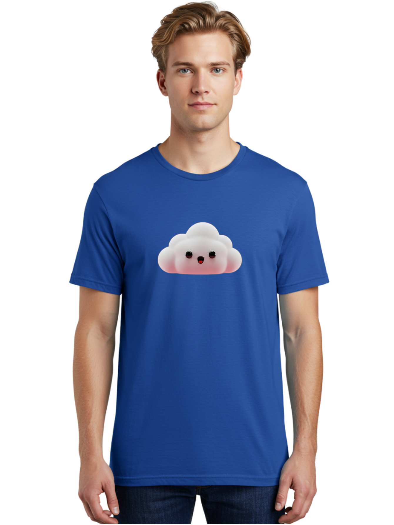 Cloud Men'S Graphic Tee, 100% Cotton, Comfortable Casual Summer Wear, Machine Washable, Cute Cloud, Kawaii Character, Fluffy Cloud, Cartoon Style, Soft Pink, Adorable Face, Big Eyes, Small Mouth, Playful Design, Digital Art Bae410