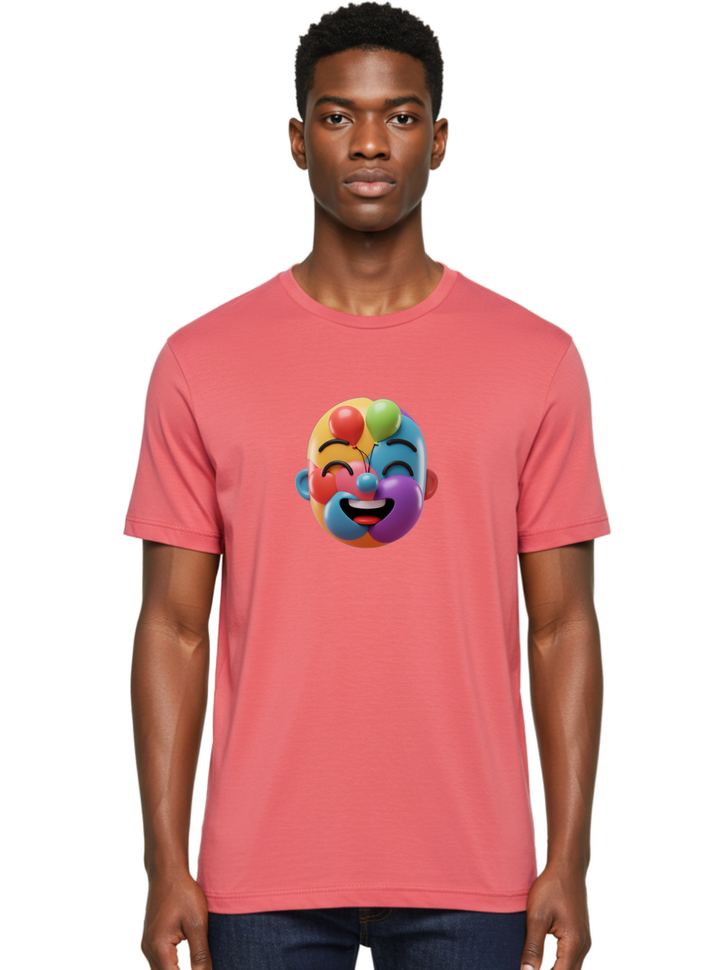 Clown-Emoji Men'S Graphic Tee, 100% Cotton, Comfortable Casual Summer Wear, Machine Washable, 3D Clown Face, Colorful Illustration, Clown Character, Balloons, Happy Expression, Vibrant Colors, Cartoon-Style, Playful Design, Joyful Atmosphere, Bae411