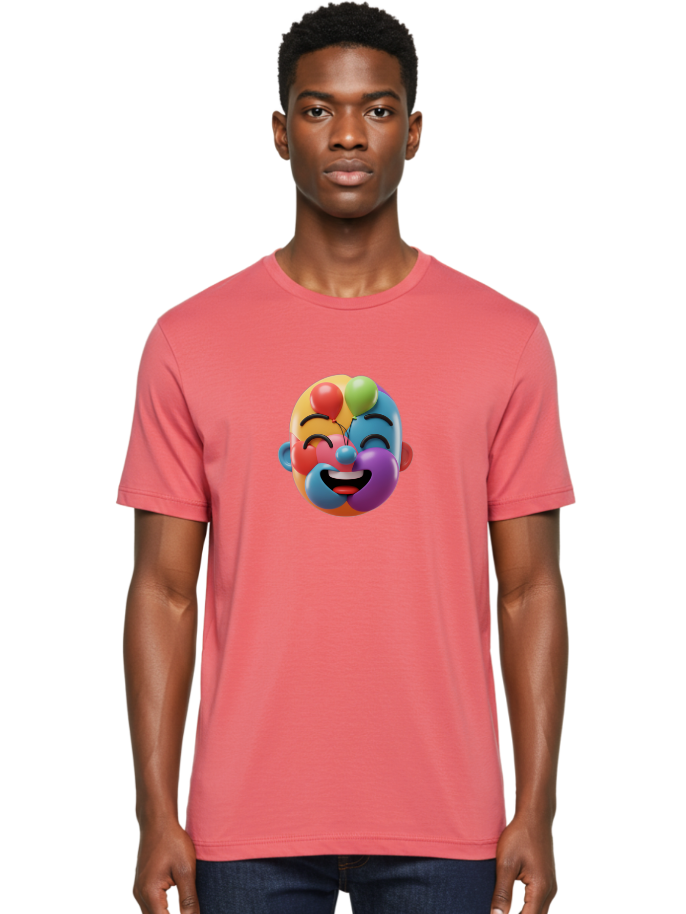 Clown-Emoji Men'S Graphic Tee, 100% Cotton, Comfortable Casual Summer Wear, Machine Washable, 3D Clown Face, Colorful Illustration, Clown Character, Balloons, Happy Expression, Vibrant Colors, Cartoon-Style, Playful Design, Joyful Atmosphere, Bae411