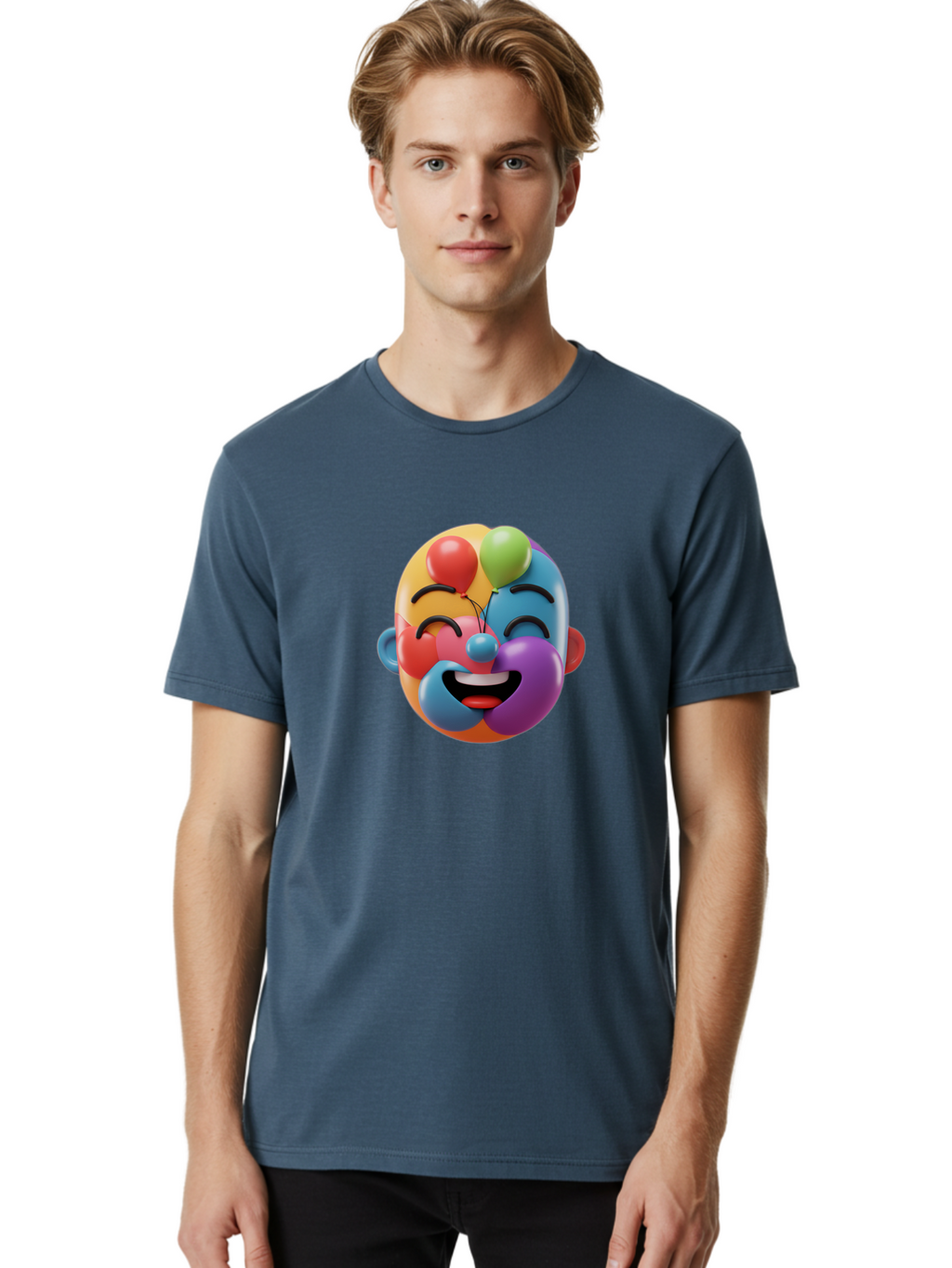 Clown-Emoji Men'S Graphic Tee, 100% Cotton, Comfortable Casual Summer Wear, Machine Washable, 3D Clown Face, Colorful Illustration, Clown Character, Balloons, Happy Expression, Vibrant Colors, Cartoon-Style, Playful Design, Joyful Atmosphere, Bae411
