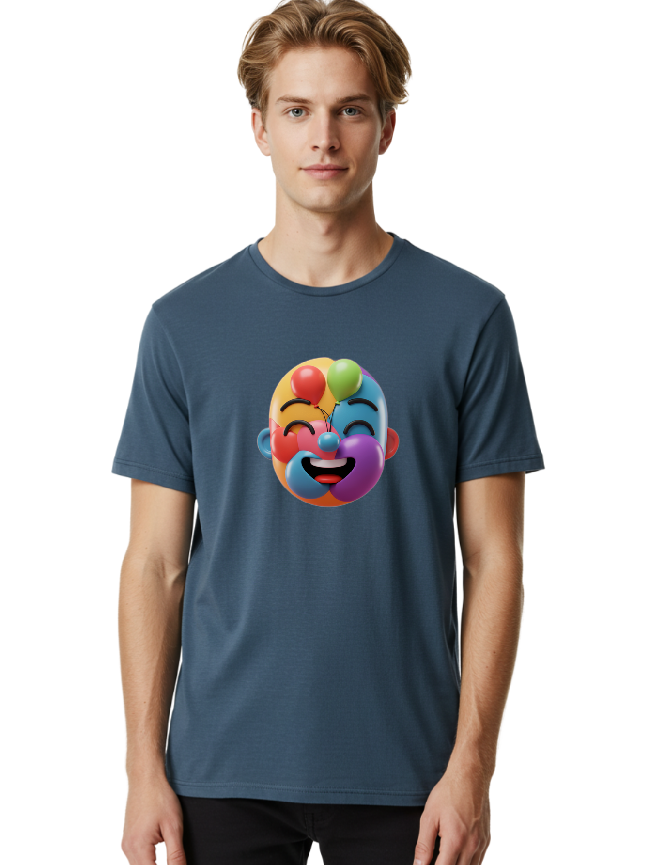 Clown-Emoji Men'S Graphic Tee, 100% Cotton, Comfortable Casual Summer Wear, Machine Washable, 3D Clown Face, Colorful Illustration, Clown Character, Balloons, Happy Expression, Vibrant Colors, Cartoon-Style, Playful Design, Joyful Atmosphere, Bae411