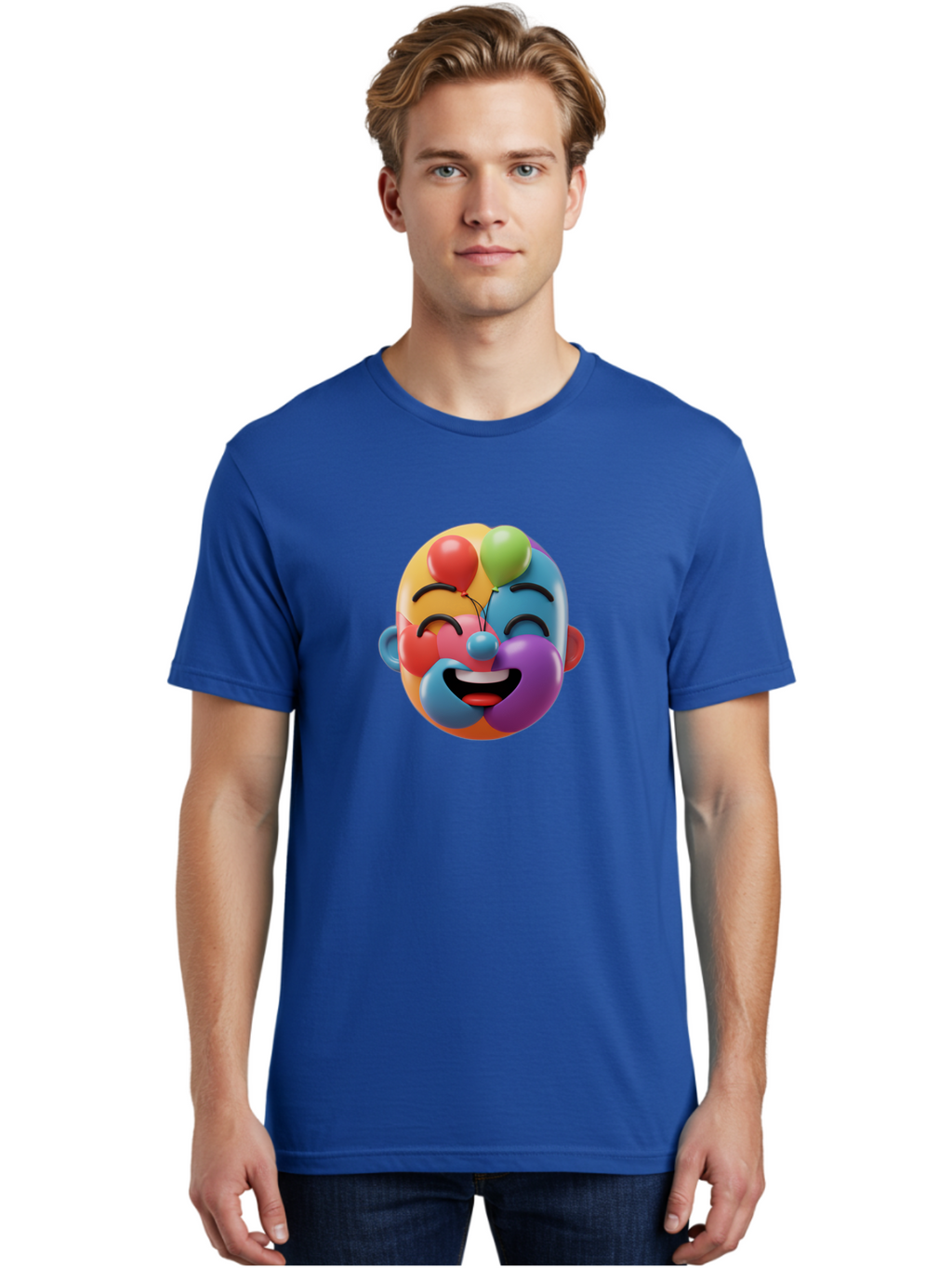 Clown-Emoji Men'S Graphic Tee, 100% Cotton, Comfortable Casual Summer Wear, Machine Washable, 3D Clown Face, Colorful Illustration, Clown Character, Balloons, Happy Expression, Vibrant Colors, Cartoon-Style, Playful Design, Joyful Atmosphere, Bae411