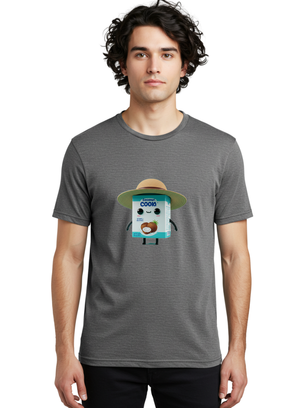 Coconut-Cook Men'S Graphic Tee, 100% Cotton, Comfortable Casual Summer Wear, Machine Washable, Carton Character, Coconut Cook, Cartoon Packaging, Animated Carton, Coconut Milk, Straw Hat, Kawaii, Funny Character, Humorous, Cute, Cartoon Style Bae412