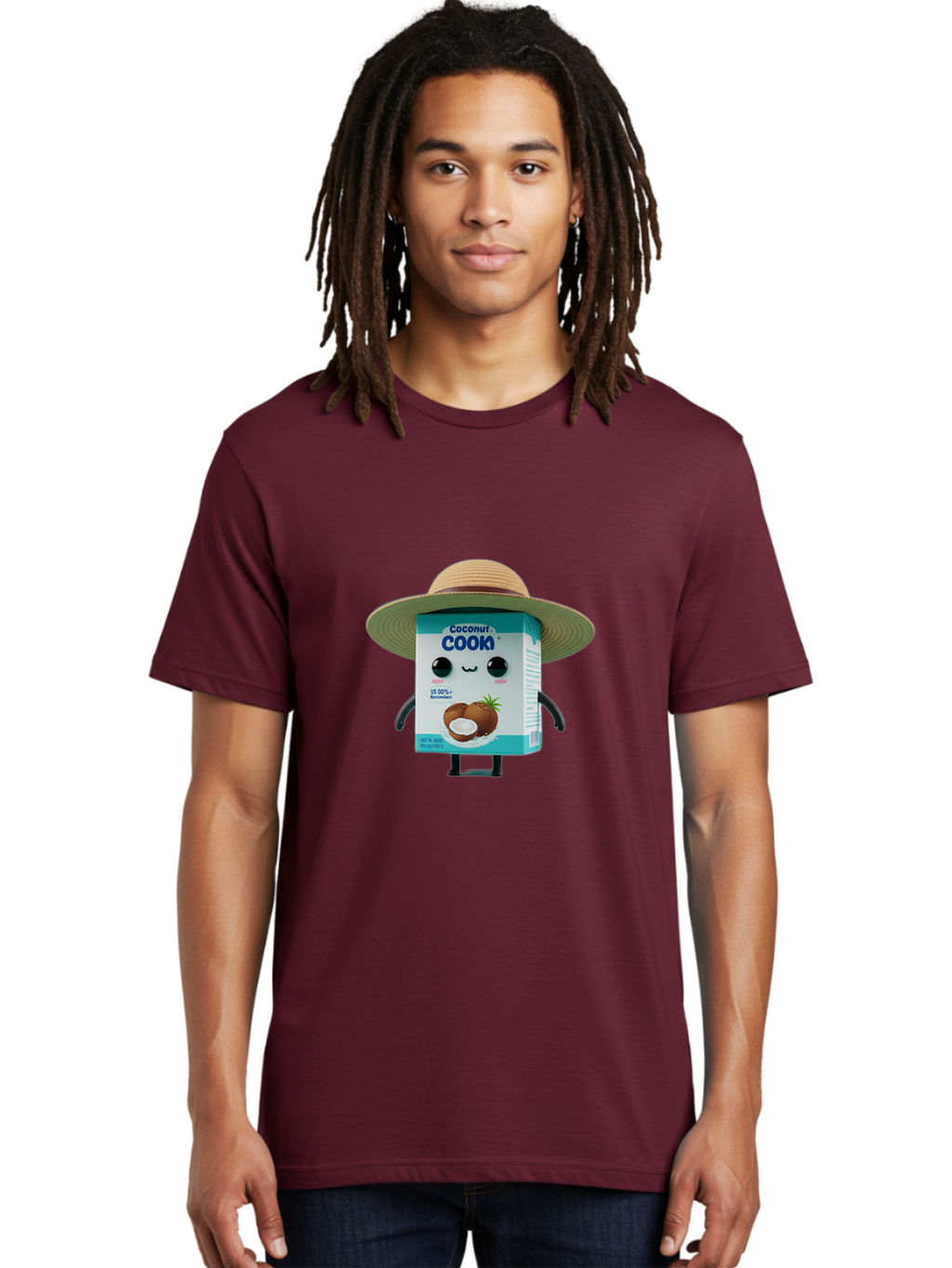 Coconut-Cook Men'S Graphic Tee, 100% Cotton, Comfortable Casual Summer Wear, Machine Washable, Carton Character, Coconut Cook, Cartoon Packaging, Animated Carton, Coconut Milk, Straw Hat, Kawaii, Funny Character, Humorous, Cute, Cartoon Style Bae412