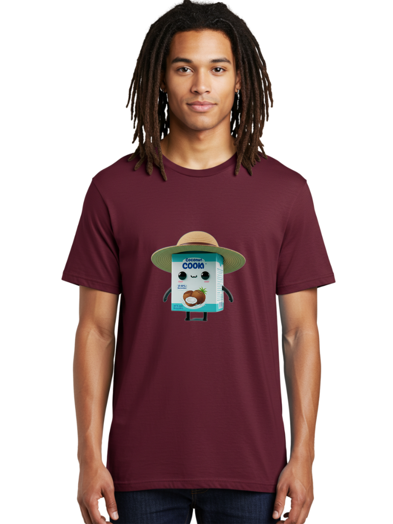 Coconut-Cook Men'S Graphic Tee, 100% Cotton, Comfortable Casual Summer Wear, Machine Washable, Carton Character, Coconut Cook, Cartoon Packaging, Animated Carton, Coconut Milk, Straw Hat, Kawaii, Funny Character, Humorous, Cute, Cartoon Style Bae412