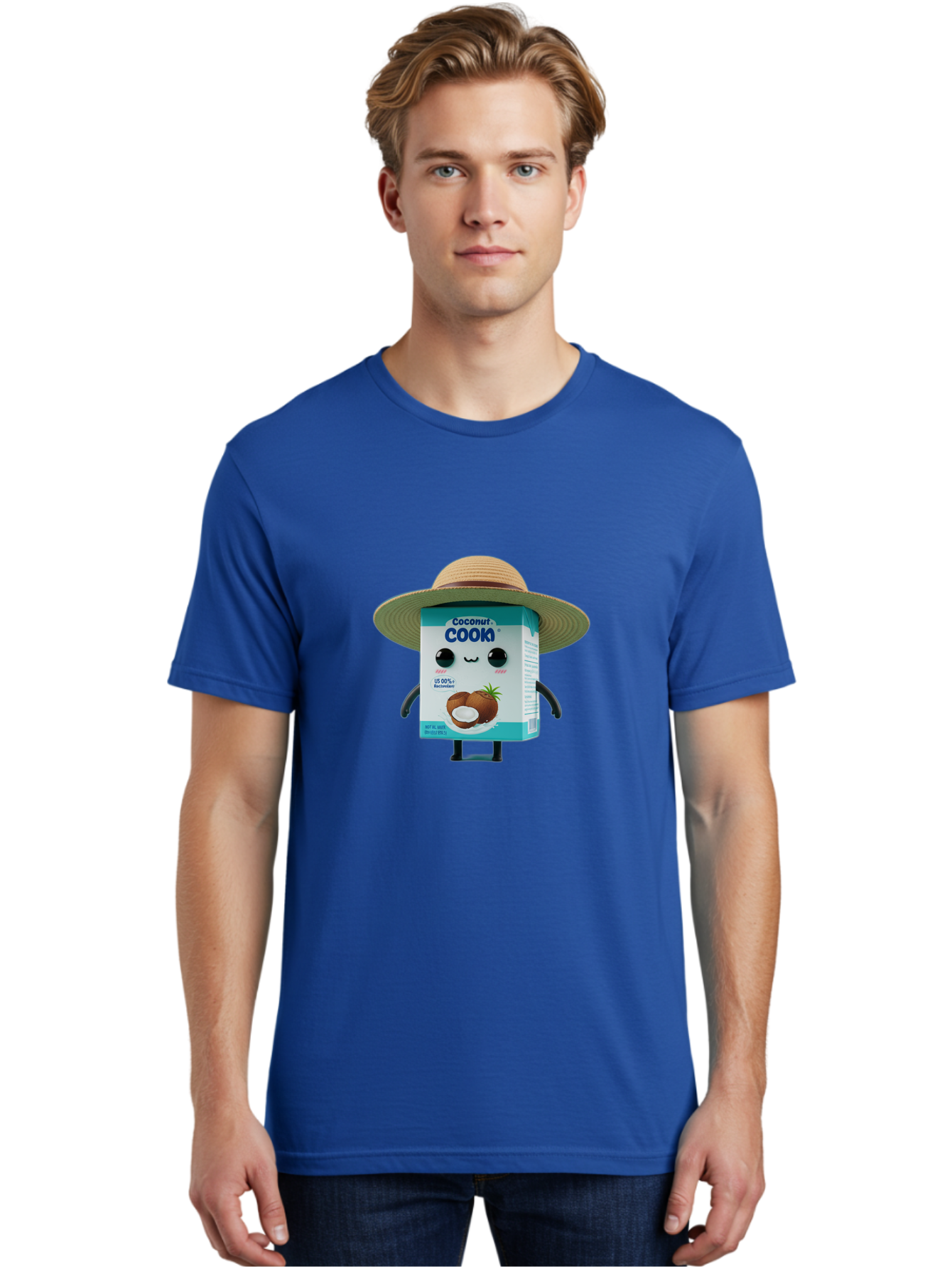 Coconut-Cook Men'S Graphic Tee, 100% Cotton, Comfortable Casual Summer Wear, Machine Washable, Carton Character, Coconut Cook, Cartoon Packaging, Animated Carton, Coconut Milk, Straw Hat, Kawaii, Funny Character, Humorous, Cute, Cartoon Style Bae412