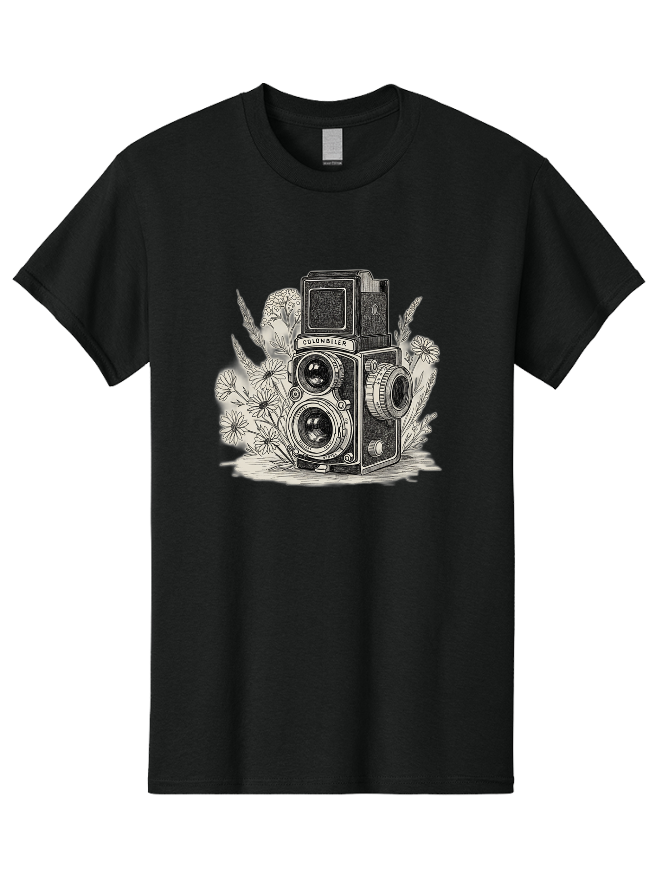 Colonbiler-Camera Men'S Graphic Tee, 100% Cotton, Comfortable Casual Summer Wear, Machine Washable, Vintage Camera, Retro Photography, Flowers, Daisies, Illustration, Black And White, Colonbiler, Photography Equipment Bae413