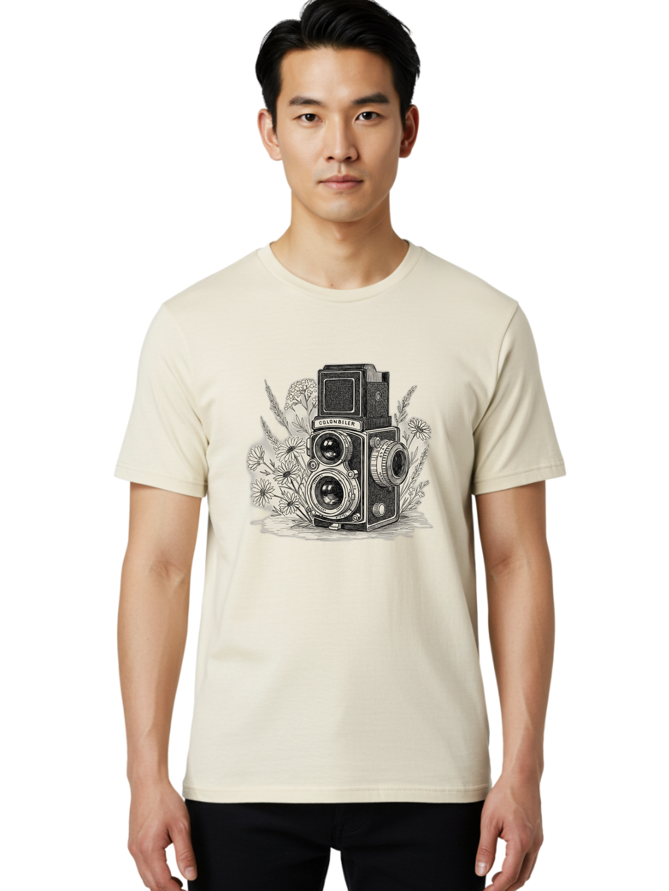 Colonbiler-Camera Men'S Graphic Tee, 100% Cotton, Comfortable Casual Summer Wear, Machine Washable, Vintage Camera, Retro Photography, Flowers, Daisies, Illustration, Black And White, Colonbiler, Photography Equipment Bae413