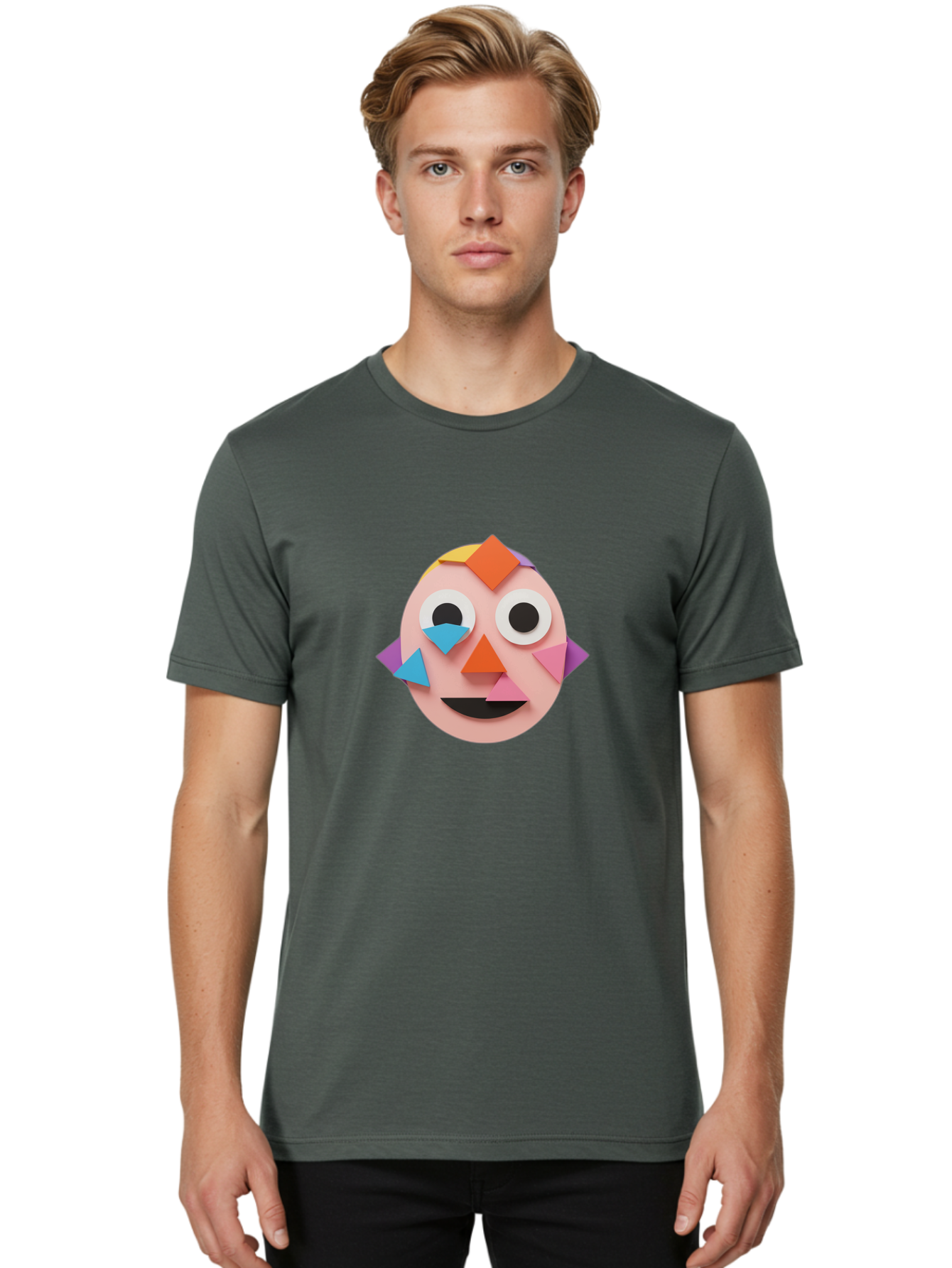 Colourful-Face Men'S Graphic Tee, 100% Cotton, Comfortable Casual Summer Wear, Machine Washable, Paper Craft Face, Colorful Geometric Shapes, Creative Art, Playful Design, Smiling Face, Happy Expression, Art Project, Diy Craft, Kids Activity Bae414