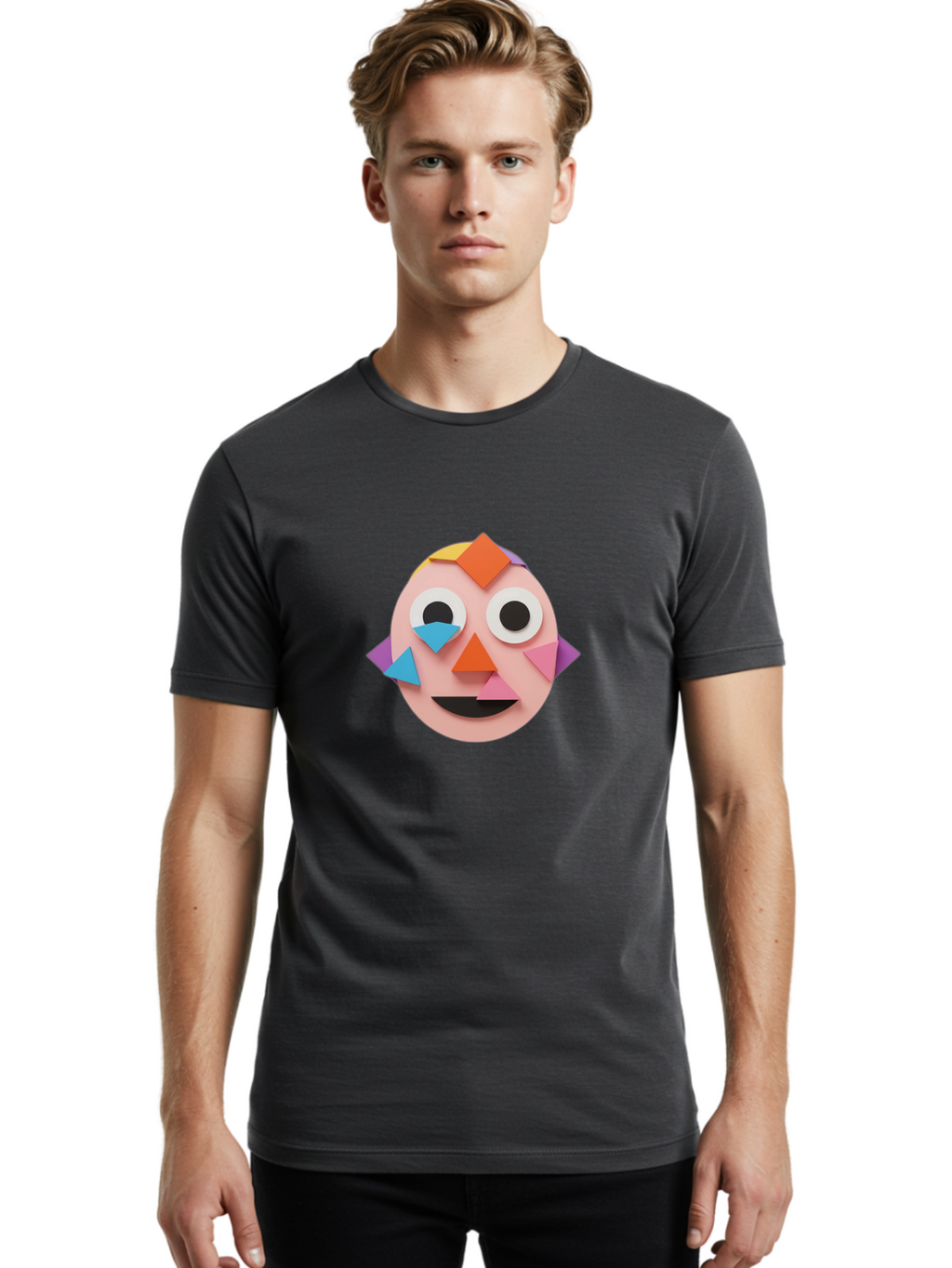 Colourful-Face Men'S Graphic Tee, 100% Cotton, Comfortable Casual Summer Wear, Machine Washable, Paper Craft Face, Colorful Geometric Shapes, Creative Art, Playful Design, Smiling Face, Happy Expression, Art Project, Diy Craft, Kids Activity Bae414