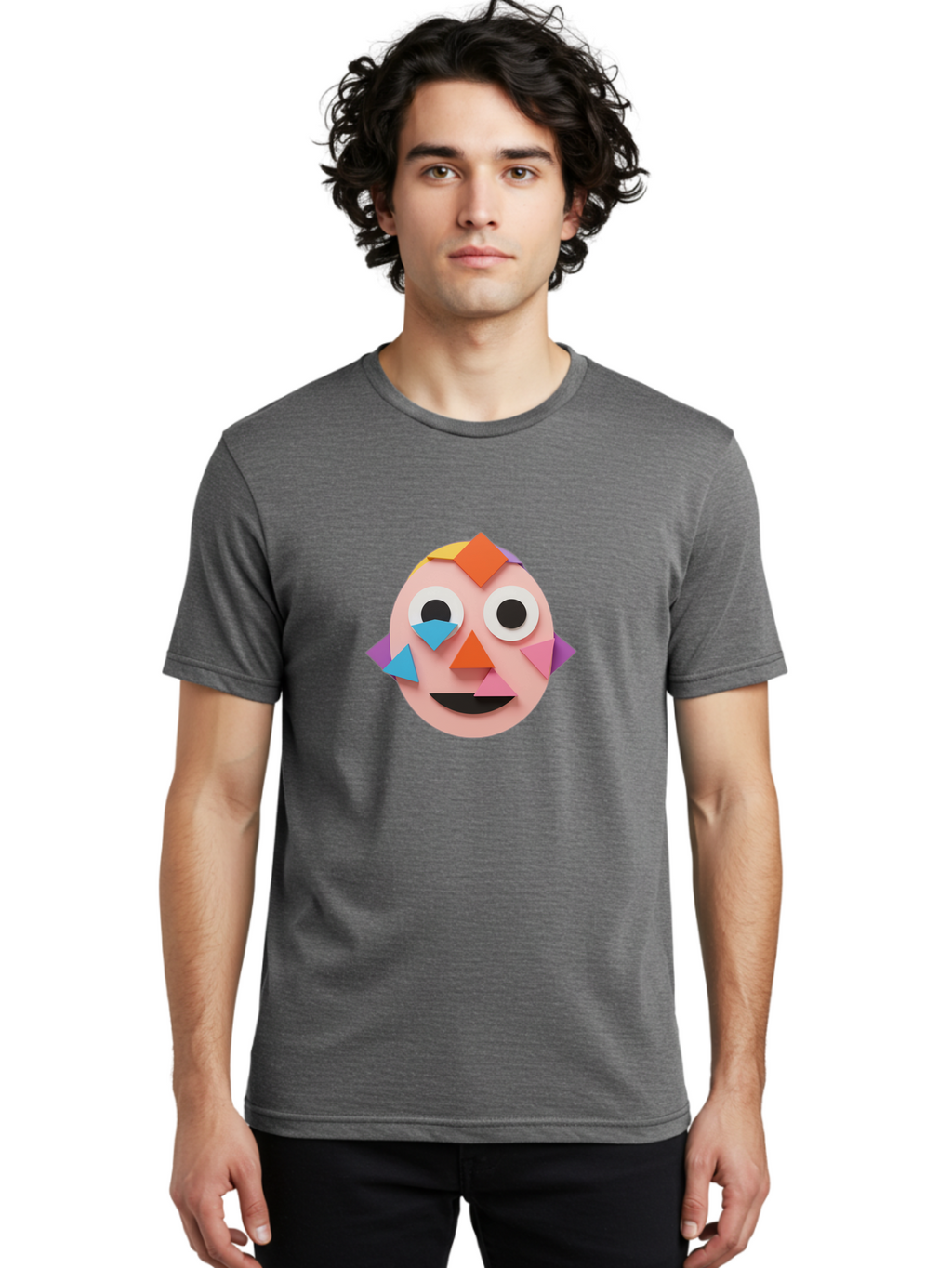 Colourful-Face Men'S Graphic Tee, 100% Cotton, Comfortable Casual Summer Wear, Machine Washable, Paper Craft Face, Colorful Geometric Shapes, Creative Art, Playful Design, Smiling Face, Happy Expression, Art Project, Diy Craft, Kids Activity Bae414