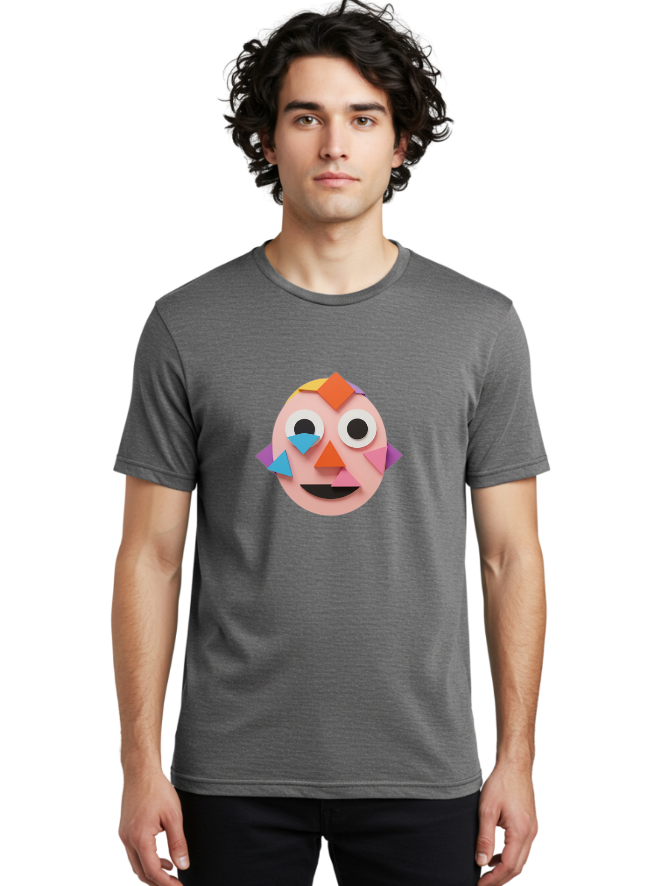 Colourful-Face Men'S Graphic Tee, 100% Cotton, Comfortable Casual Summer Wear, Machine Washable, Paper Craft Face, Colorful Geometric Shapes, Creative Art, Playful Design, Smiling Face, Happy Expression, Art Project, Diy Craft, Kids Activity Bae414