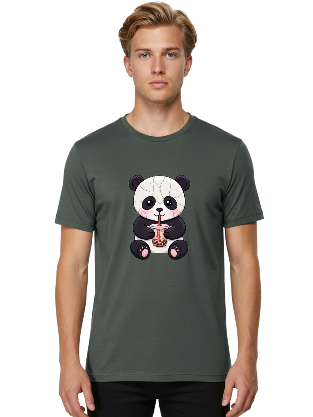 Cracked-Panda-Drinking-Bubble-Tea Men'S Graphic Tee, 100% Cotton, Comfortable Casual Summer Wear, Machine Washable, Kawaii Panda, Bubble Tea, Cracked Face, Cute Cartoon, Adorable Bear, Boba Tea, Tea Cup, Cute Drink, Smiling Panda, Kawaii Art, Bae416