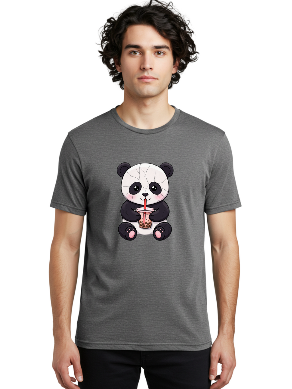 Cracked-Panda-Drinking-Bubble-Tea Men'S Graphic Tee, 100% Cotton, Comfortable Casual Summer Wear, Machine Washable, Kawaii Panda, Bubble Tea, Cracked Face, Cute Cartoon, Adorable Bear, Boba Tea, Tea Cup, Cute Drink, Smiling Panda, Kawaii Art, Bae416