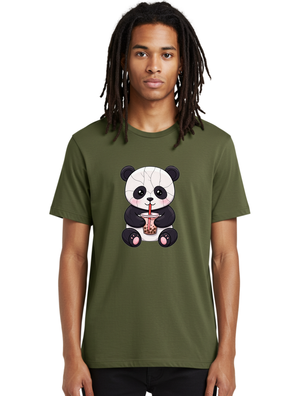 Cracked-Panda-Drinking-Bubble-Tea Men'S Graphic Tee, 100% Cotton, Comfortable Casual Summer Wear, Machine Washable, Kawaii Panda, Bubble Tea, Cracked Face, Cute Cartoon, Adorable Bear, Boba Tea, Tea Cup, Cute Drink, Smiling Panda, Kawaii Art, Bae416