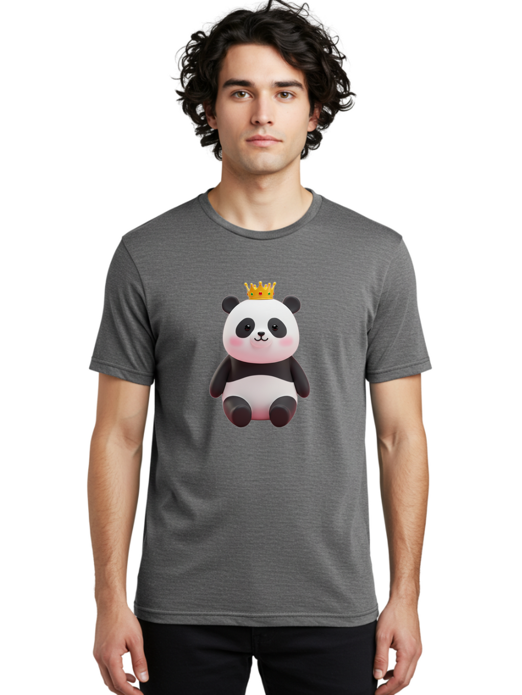 Crowned-Panda-1 Men'S Graphic Tee, 100% Cotton, Comfortable Casual Summer Wear, Machine Washable, Cartoon Panda, 3D Illustration, Panda Bear, Crown On Head, Regal Animal, Cute Expression, Rosy Cheeks, Kawaii Character, Adorable Design, Bae419