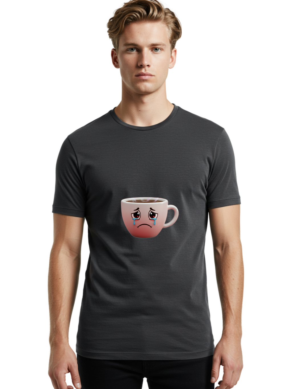 Crying-Coffee-Cup-1 Men'S Graphic Tee, 100% Cotton, Comfortable Casual Summer Wear, Machine Washable, Coffee Cup With Sad Face, Crying Eyes, Frowning Expression, Emotional Coffee, Coffee Lover Emotions, Sad Coffee Moment, Coffee Cup Feelings Bae421