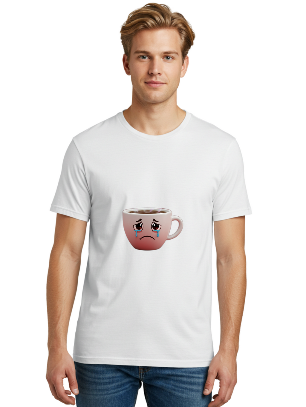 Crying-Coffee-Cup-1 Men'S Graphic Tee, 100% Cotton, Comfortable Casual Summer Wear, Machine Washable, Coffee Cup With Sad Face, Crying Eyes, Frowning Expression, Emotional Coffee, Coffee Lover Emotions, Sad Coffee Moment, Coffee Cup Feelings Bae421