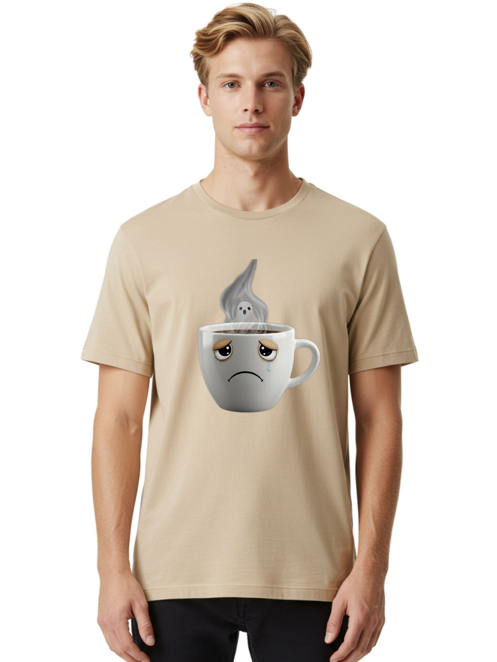 Crying-Coffee-Cup Men'S Graphic Tee, 100% Cotton, Comfortable Casual Summer Wear, Machine Washable, Sad Face Coffee Cup, Steaming Hot Coffee, Ghostly Steam, Coffee Lover, Coffee Culture, Coffee Time, Morning Coffee, Daily Grind Bae422