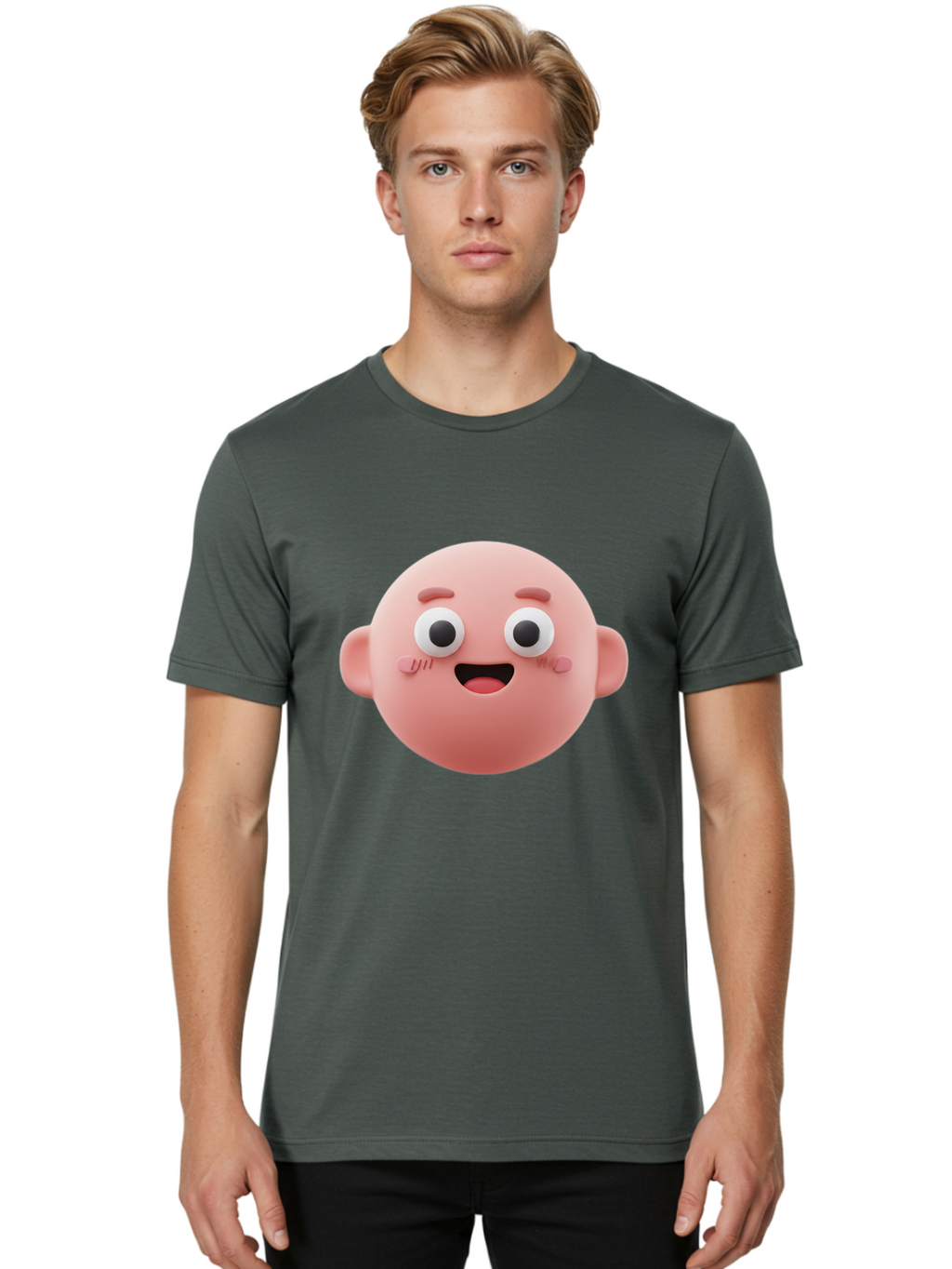 Cute-3D-Emoji-Face Men'S Graphic Tee, 100% Cotton, Comfortable Casual Summer Wear, Machine Washable, Smiling Face, Cartoon Character, Pink Hue, Cheerful Expression, Wide Eyes, Smiling Mouth, Rosy Cheeks, Cute Emoji, Playful Design, Funny Face Bae423