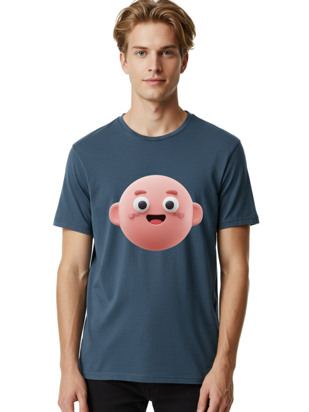 Cute-3D-Emoji-Face Men'S Graphic Tee, 100% Cotton, Comfortable Casual Summer Wear, Machine Washable, Smiling Face, Cartoon Character, Pink Hue, Cheerful Expression, Wide Eyes, Smiling Mouth, Rosy Cheeks, Cute Emoji, Playful Design, Funny Face Bae423