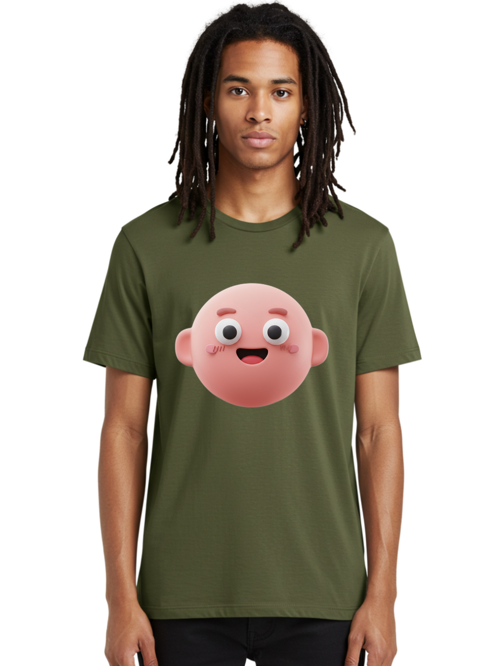 Cute-3D-Emoji-Face Men'S Graphic Tee, 100% Cotton, Comfortable Casual Summer Wear, Machine Washable, Smiling Face, Cartoon Character, Pink Hue, Cheerful Expression, Wide Eyes, Smiling Mouth, Rosy Cheeks, Cute Emoji, Playful Design, Funny Face Bae423