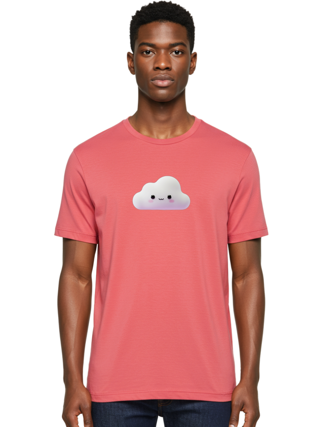 Cute-Cloud Men'S Graphic Tee, 100% Cotton, Comfortable Casual Summer Wear, Machine Washable, Cute Cloud, Smiling Face, Fluffy Cloud, Kawaii Character, Cartoon Cloud, Happy Expression, Soft Pink Cheeks, Black Eyes Bae429
