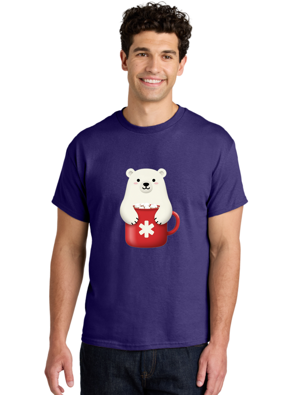 Cute-Panda-In-Cup Men'S Graphic Tee, 100% Cotton, Comfortable Casual Summer Wear, Machine Washable, White Polar Bear, Holding Red Mug, Marshmallows, Cute Cartoon Character, Winter Drink, Hot Chocolate, Medical Symbol Bae430
