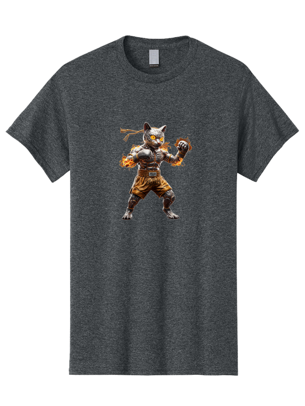 Cyber-Cat Men'S Graphic Tee, 100% Cotton, Comfortable Casual Summer Wear, Machine Washable, Anime Style Robot Cat, Martial Arts Pose, Futuristic Warrior, Cybernetic Feline, Orange Eyes Glowing, Ninja Costume, Fiery Aura, Dynamic Action, Bae431