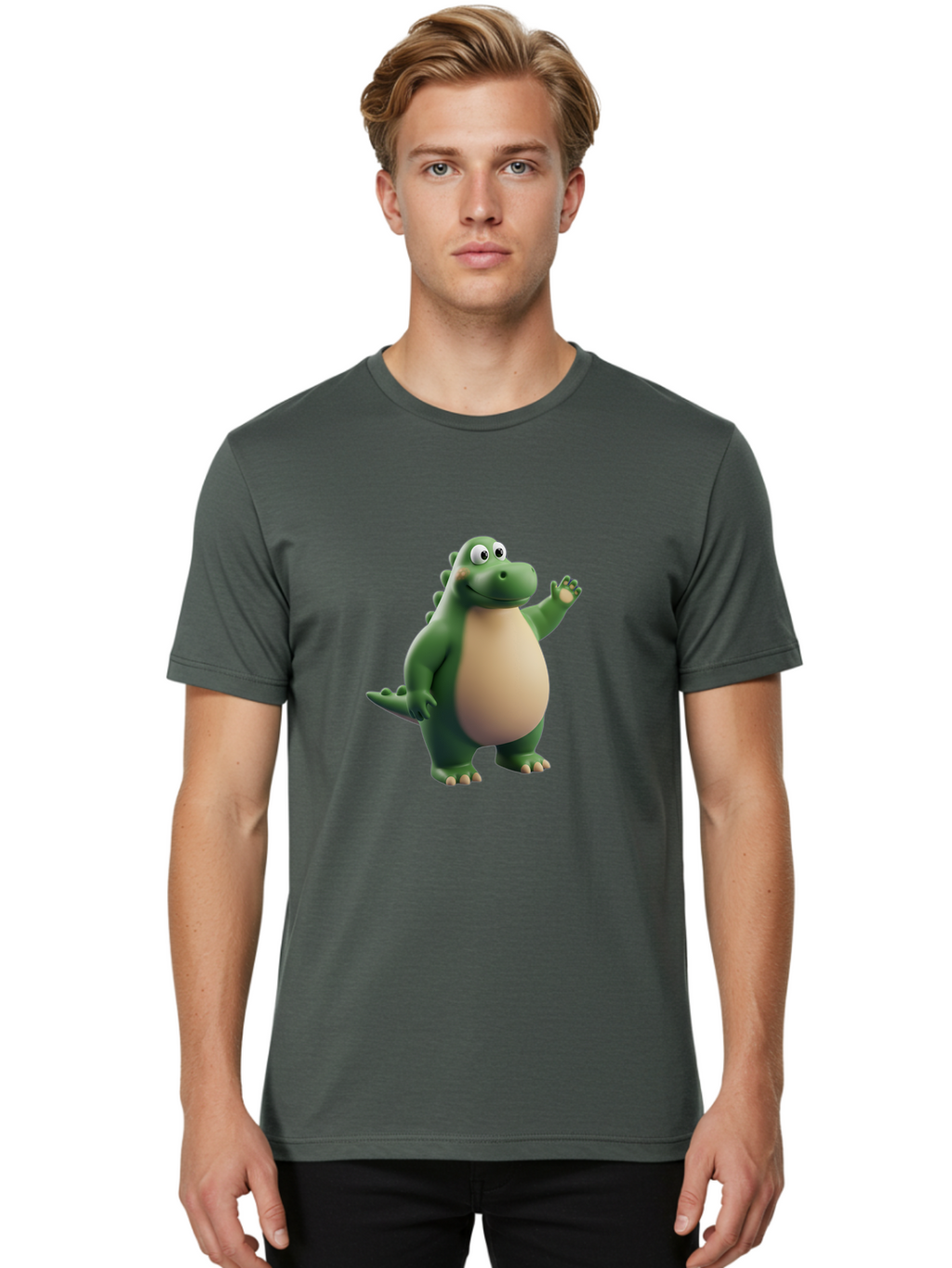 Dino-1 Men'S Graphic Tee, 100% Cotton, Comfortable Casual Summer Wear, Machine Washable, Friendly Cartoon Dinosaur, Green Dinosaur Character, Dinosaurs For Kids, Cartoon Characters For Children, Fun Dinosaur Illustrations, Bae434
