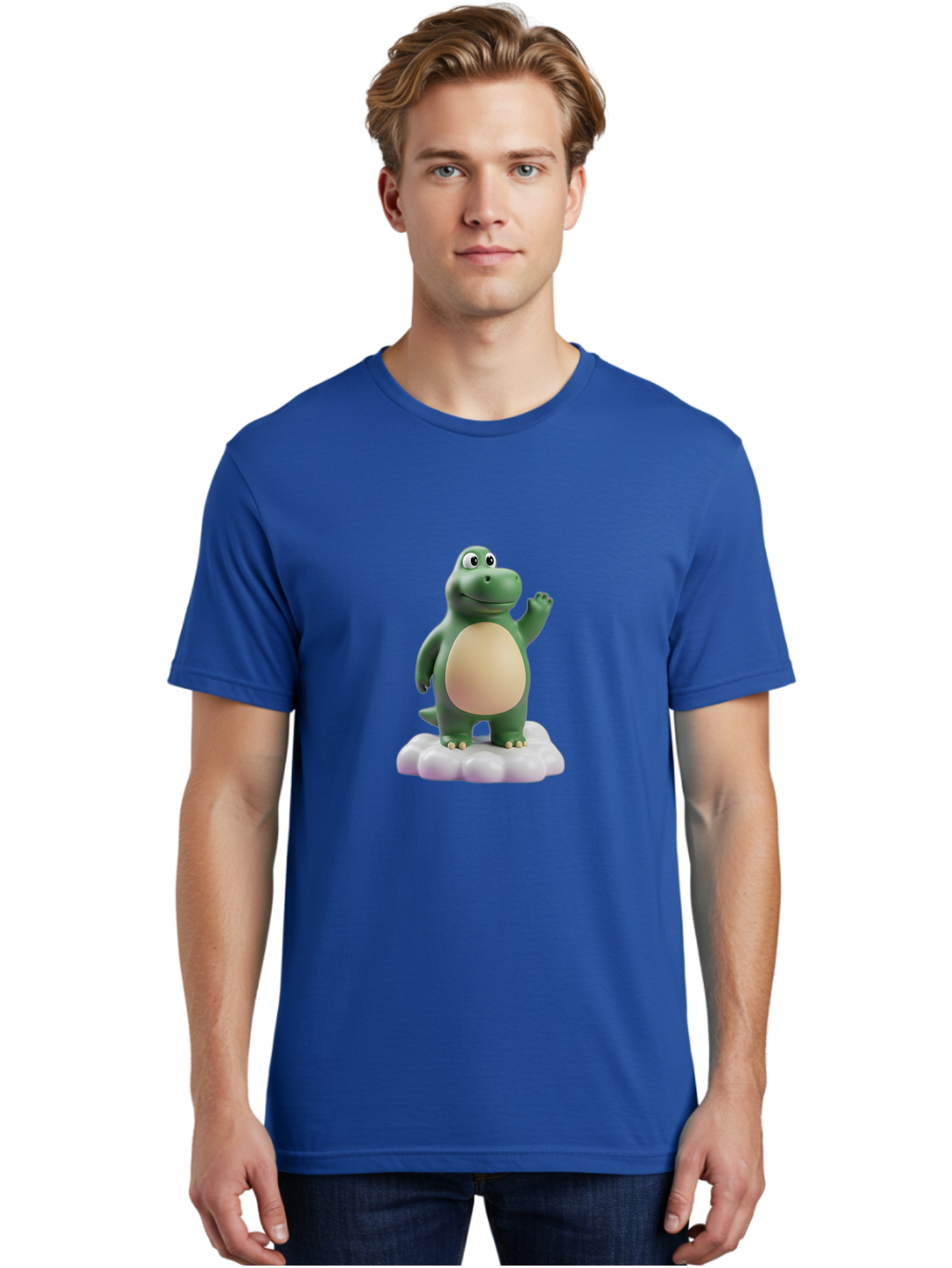 Dino-Mite Men'S Graphic Tee, 100% Cotton, Comfortable Casual Summer Wear, Machine Washable, Cartoon Dinosaur, Figurine, Green Dinosaur, Smiling Dinosaur, Waving Dinosaur, Dinosaur Toy, Dinosaur Character, Cute Dinosaur, Friendly Dinosaur, Bae436