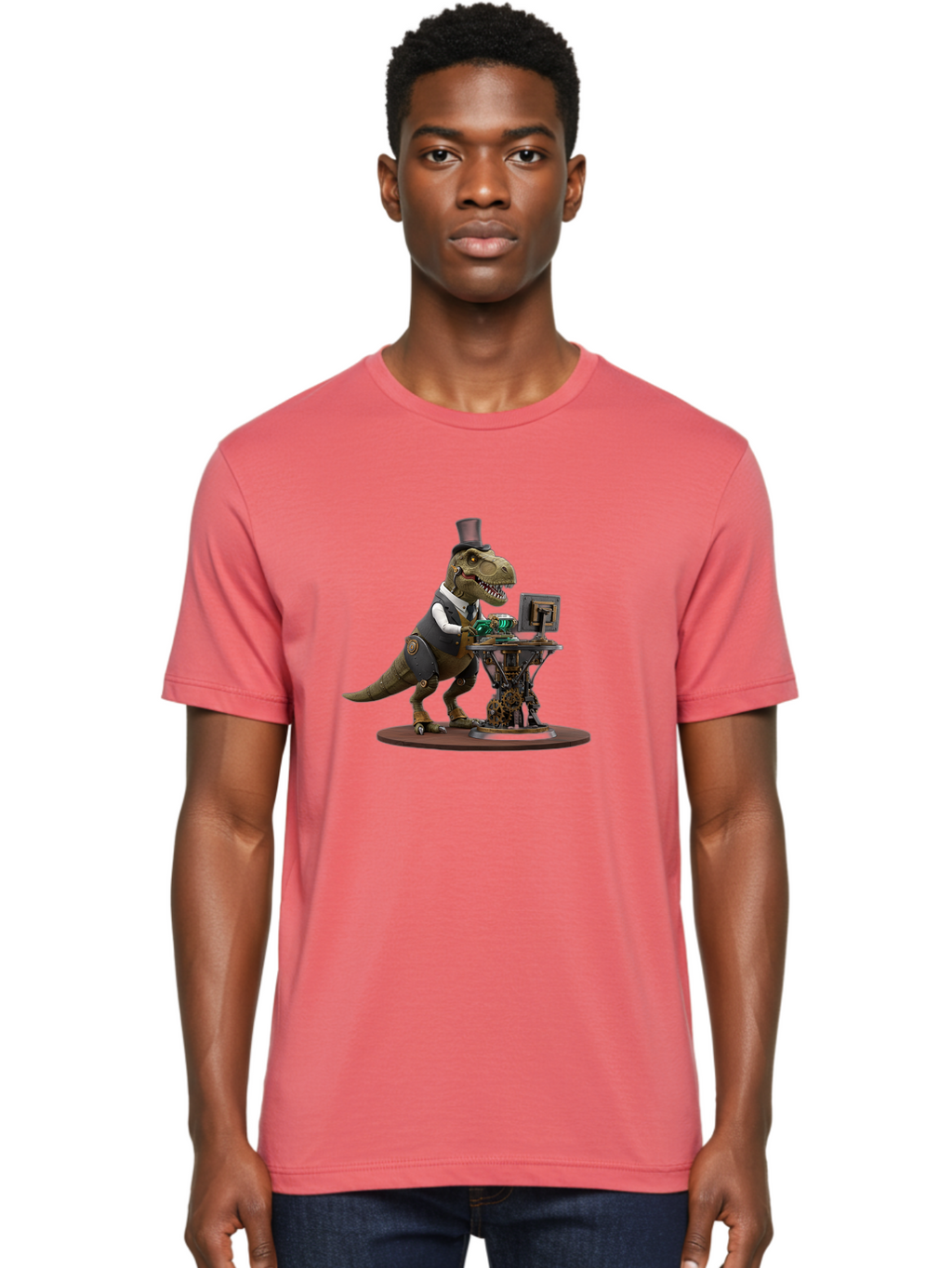 Dino-With-Top-Hat Men'S Graphic Tee, 100% Cotton, Comfortable Casual Summer Wear, Machine Washable, Robotic T-Rex, Top Hat, Steampunk, Computer, Steampunk Machinery, Metal Body, Cybernetic Dinosaur, Futuristic, Sci-Fi, Fantasy Creature, Bae437