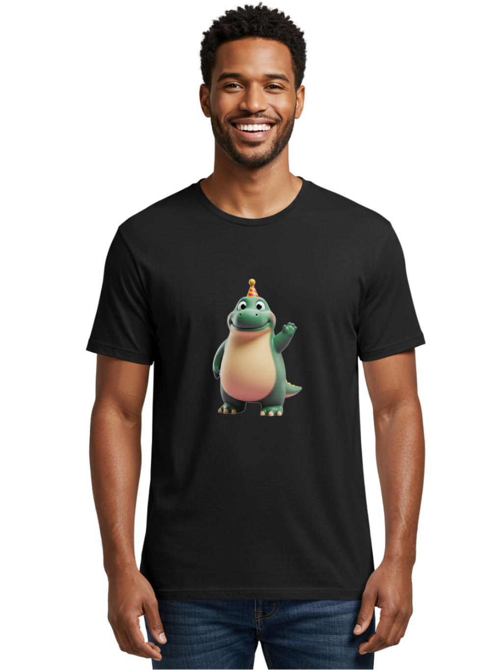 Dino Men'S Graphic Tee, 100% Cotton, Comfortable Casual Summer Wear, Machine Washable, Cartoon Dino, Party Hat, Birthday Celebration, Smiling Dino, Friendly Dinosaur, Animated Character, Kids Entertainment, Happy Dino Waving Bae438