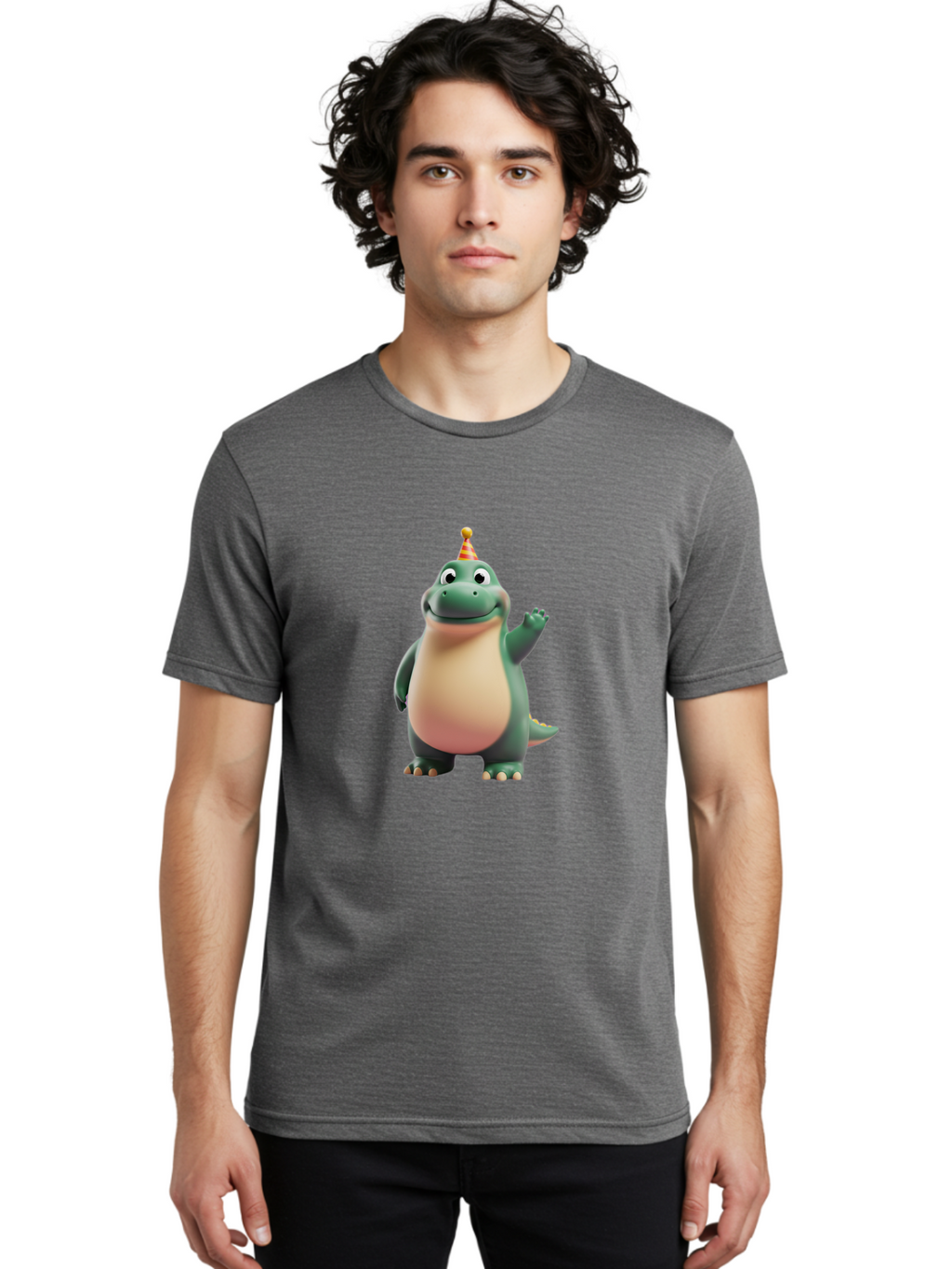 Dino Men'S Graphic Tee, 100% Cotton, Comfortable Casual Summer Wear, Machine Washable, Cartoon Dino, Party Hat, Birthday Celebration, Smiling Dino, Friendly Dinosaur, Animated Character, Kids Entertainment, Happy Dino Waving Bae438