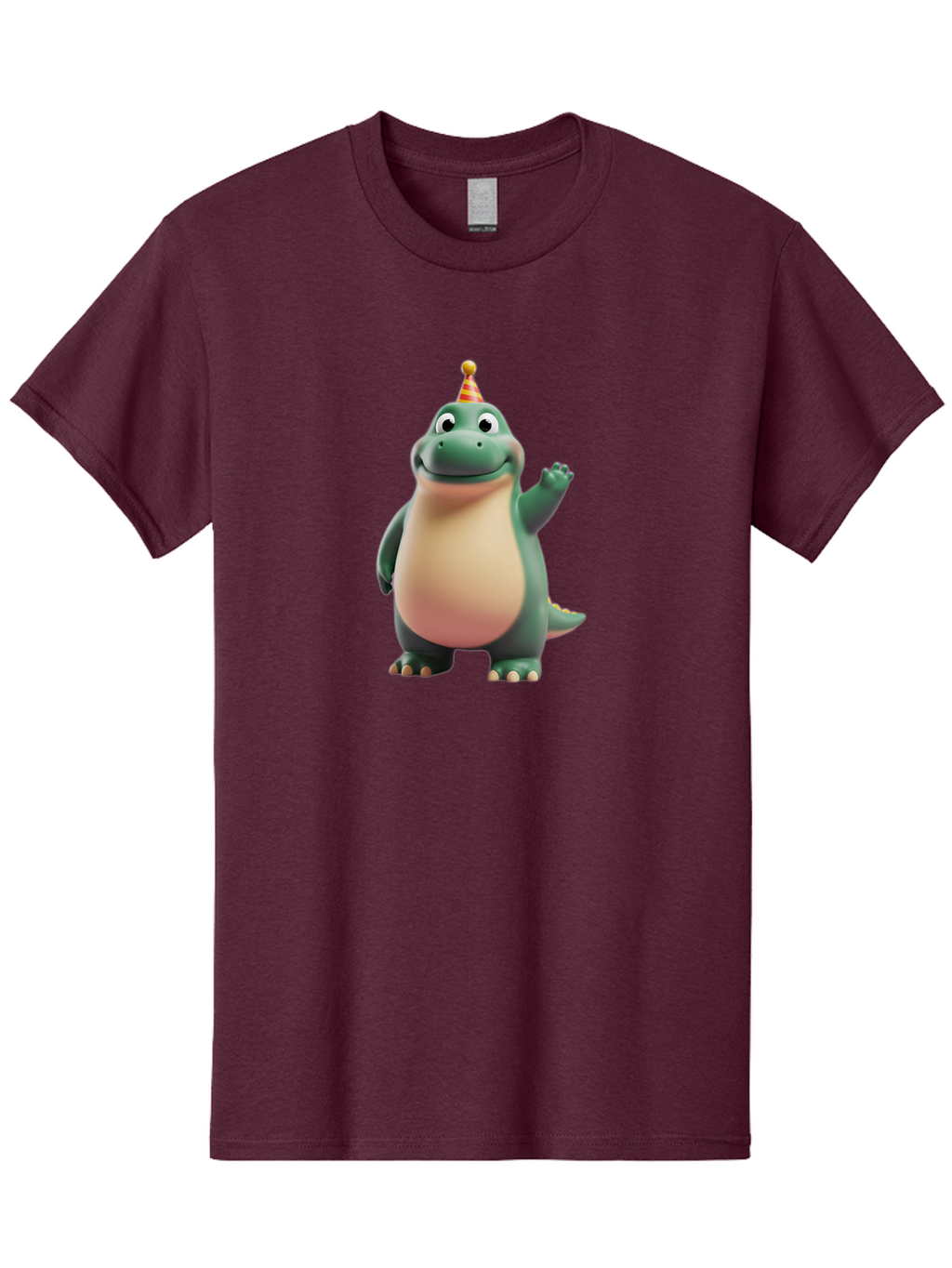 Dino Men'S Graphic Tee, 100% Cotton, Comfortable Casual Summer Wear, Machine Washable, Cartoon Dino, Party Hat, Birthday Celebration, Smiling Dino, Friendly Dinosaur, Animated Character, Kids Entertainment, Happy Dino Waving Bae438