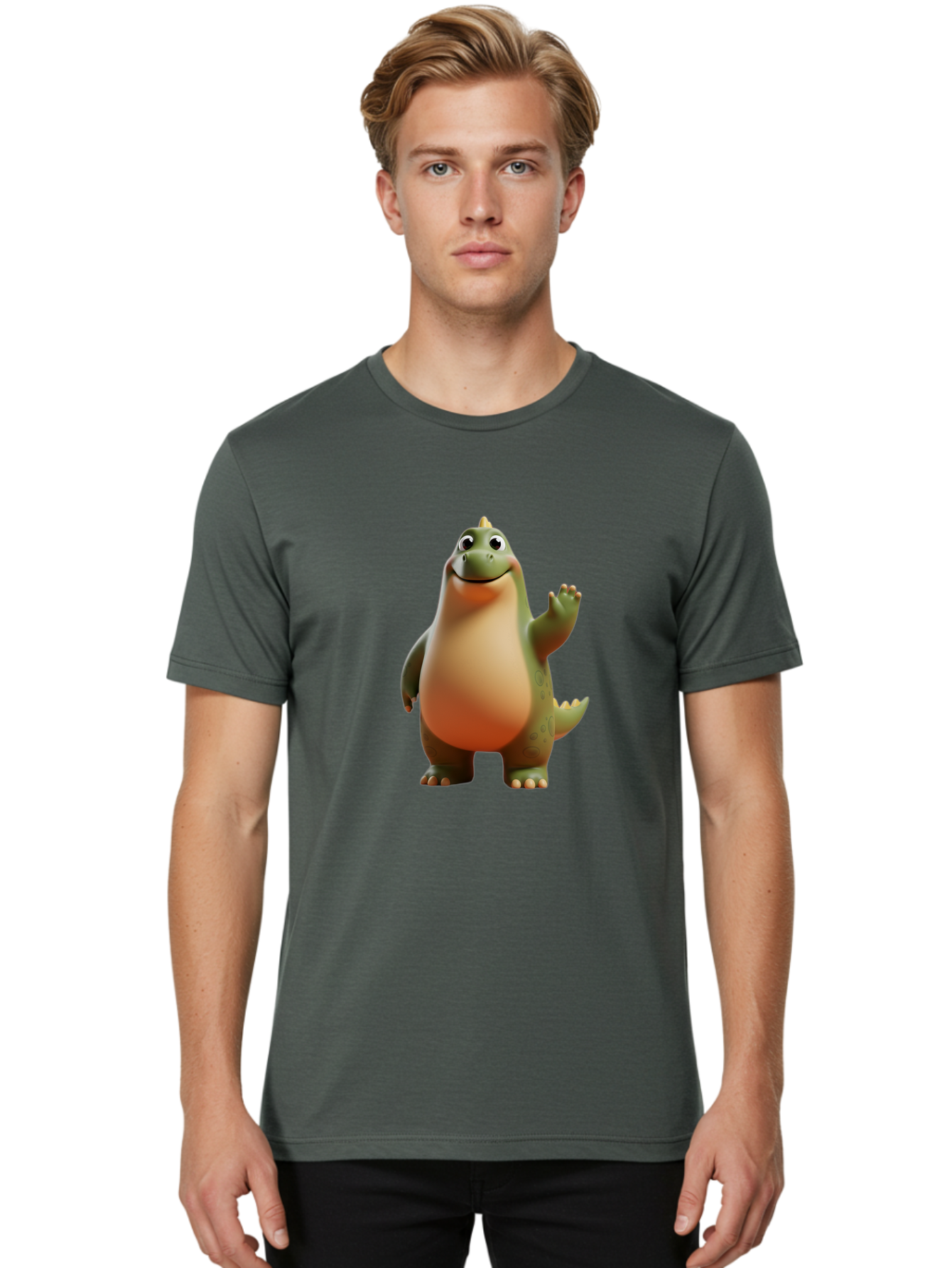 Dinosaur Men'S Graphic Tee, 100% Cotton, Comfortable Casual Summer Wear, Machine Washable, Happy Dinosaur, Cartoon Character, Friendly Creature, Cute Illustration, Waving Dinosaur, Animated Dinosaur, Green Dinosaur, Smiling Face, Fun Design, Bae439