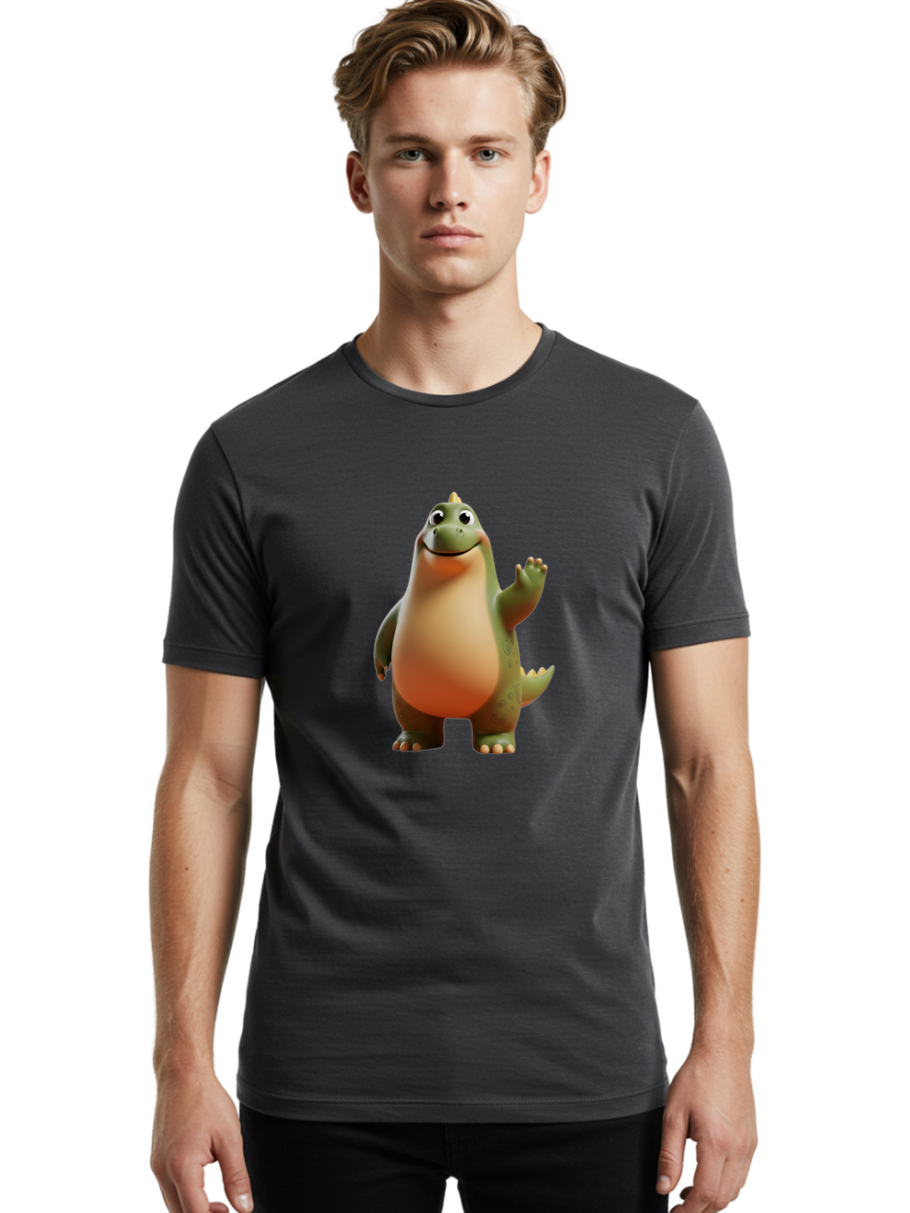 Dinosaur Men'S Graphic Tee, 100% Cotton, Comfortable Casual Summer Wear, Machine Washable, Happy Dinosaur, Cartoon Character, Friendly Creature, Cute Illustration, Waving Dinosaur, Animated Dinosaur, Green Dinosaur, Smiling Face, Fun Design, Bae439