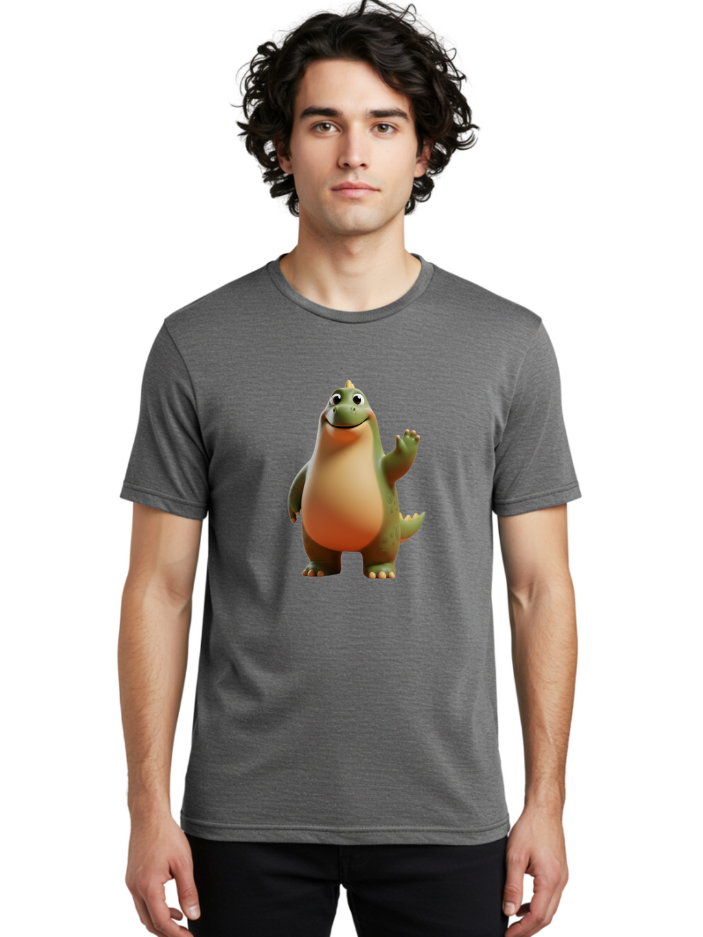 Dinosaur Men'S Graphic Tee, 100% Cotton, Comfortable Casual Summer Wear, Machine Washable, Happy Dinosaur, Cartoon Character, Friendly Creature, Cute Illustration, Waving Dinosaur, Animated Dinosaur, Green Dinosaur, Smiling Face, Fun Design, Bae439