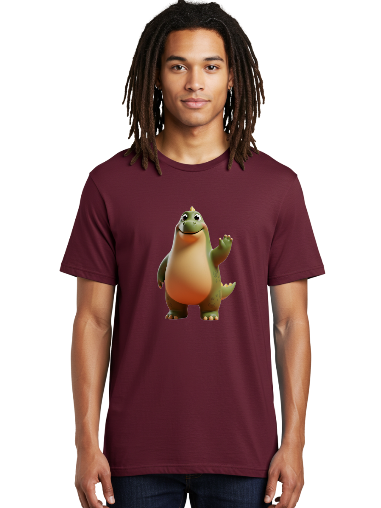 Dinosaur Men'S Graphic Tee, 100% Cotton, Comfortable Casual Summer Wear, Machine Washable, Happy Dinosaur, Cartoon Character, Friendly Creature, Cute Illustration, Waving Dinosaur, Animated Dinosaur, Green Dinosaur, Smiling Face, Fun Design, Bae439