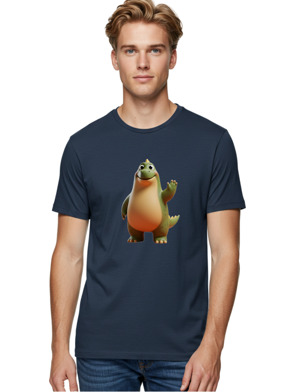 Dinosaur Men'S Graphic Tee, 100% Cotton, Comfortable Casual Summer Wear, Machine Washable, Happy Dinosaur, Cartoon Character, Friendly Creature, Cute Illustration, Waving Dinosaur, Animated Dinosaur, Green Dinosaur, Smiling Face, Fun Design, Bae439