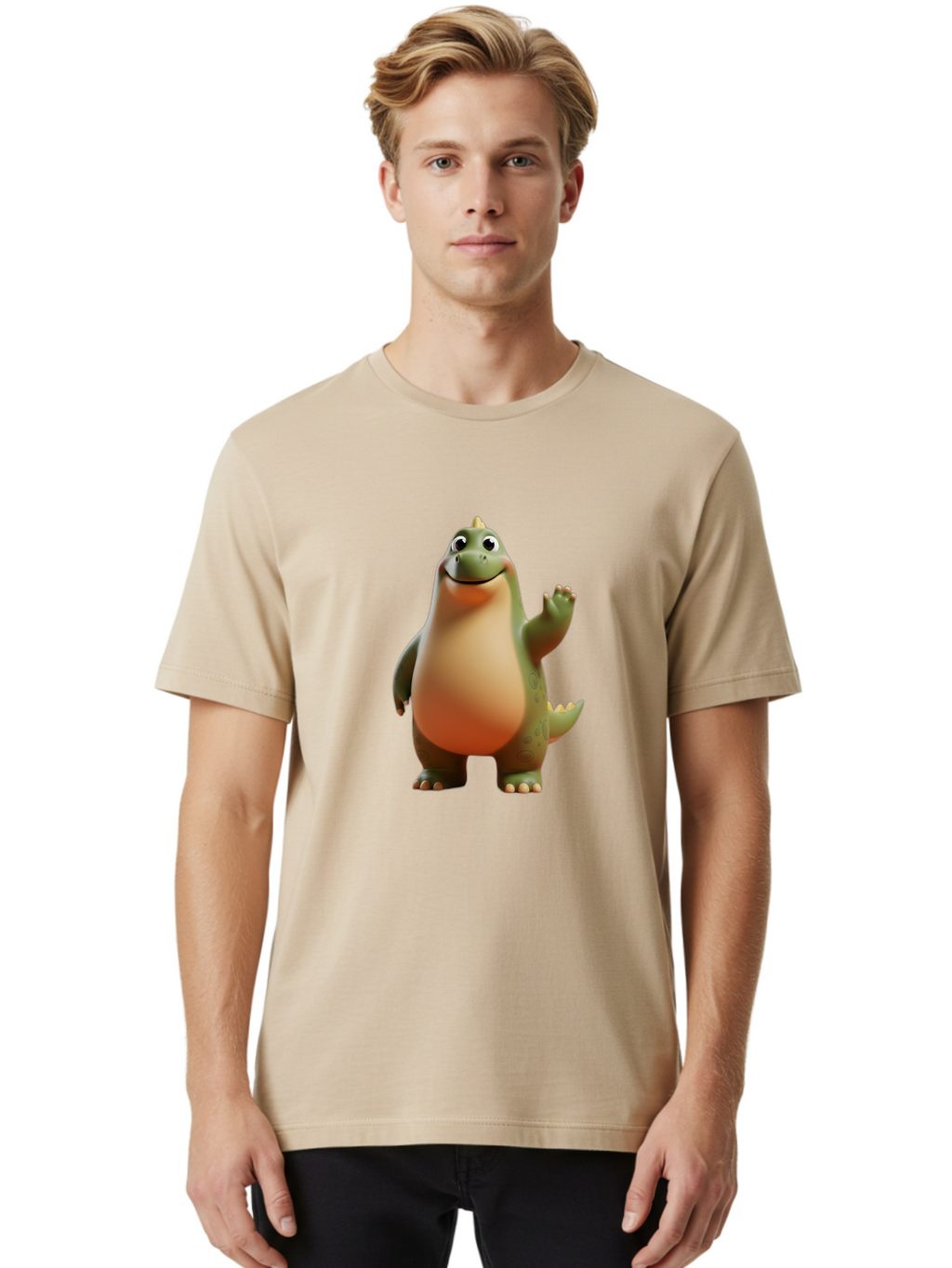 Dinosaur Men'S Graphic Tee, 100% Cotton, Comfortable Casual Summer Wear, Machine Washable, Happy Dinosaur, Cartoon Character, Friendly Creature, Cute Illustration, Waving Dinosaur, Animated Dinosaur, Green Dinosaur, Smiling Face, Fun Design, Bae439