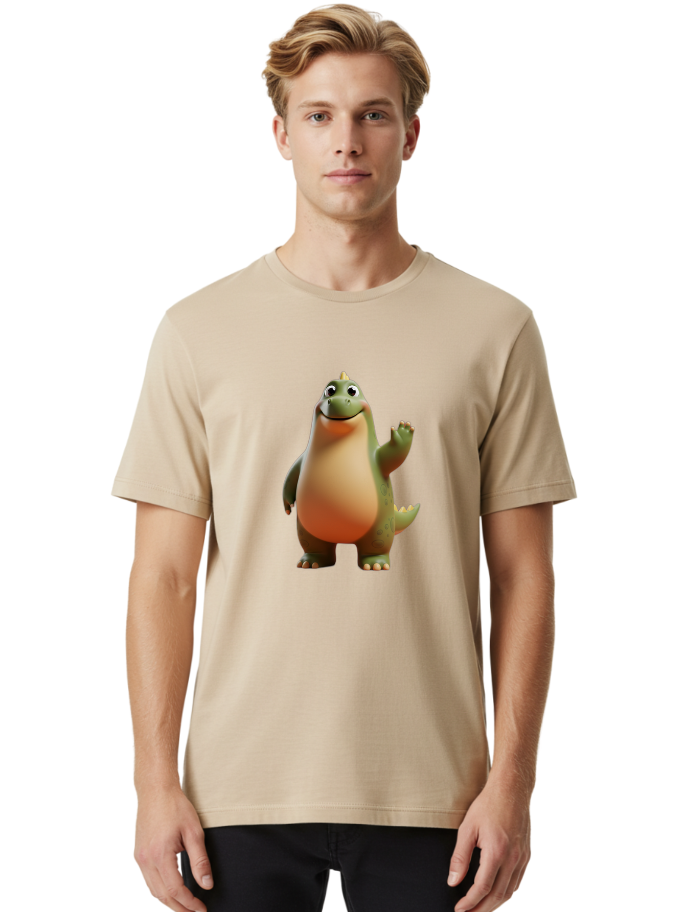 Dinosaur Men'S Graphic Tee, 100% Cotton, Comfortable Casual Summer Wear, Machine Washable, Happy Dinosaur, Cartoon Character, Friendly Creature, Cute Illustration, Waving Dinosaur, Animated Dinosaur, Green Dinosaur, Smiling Face, Fun Design, Bae439