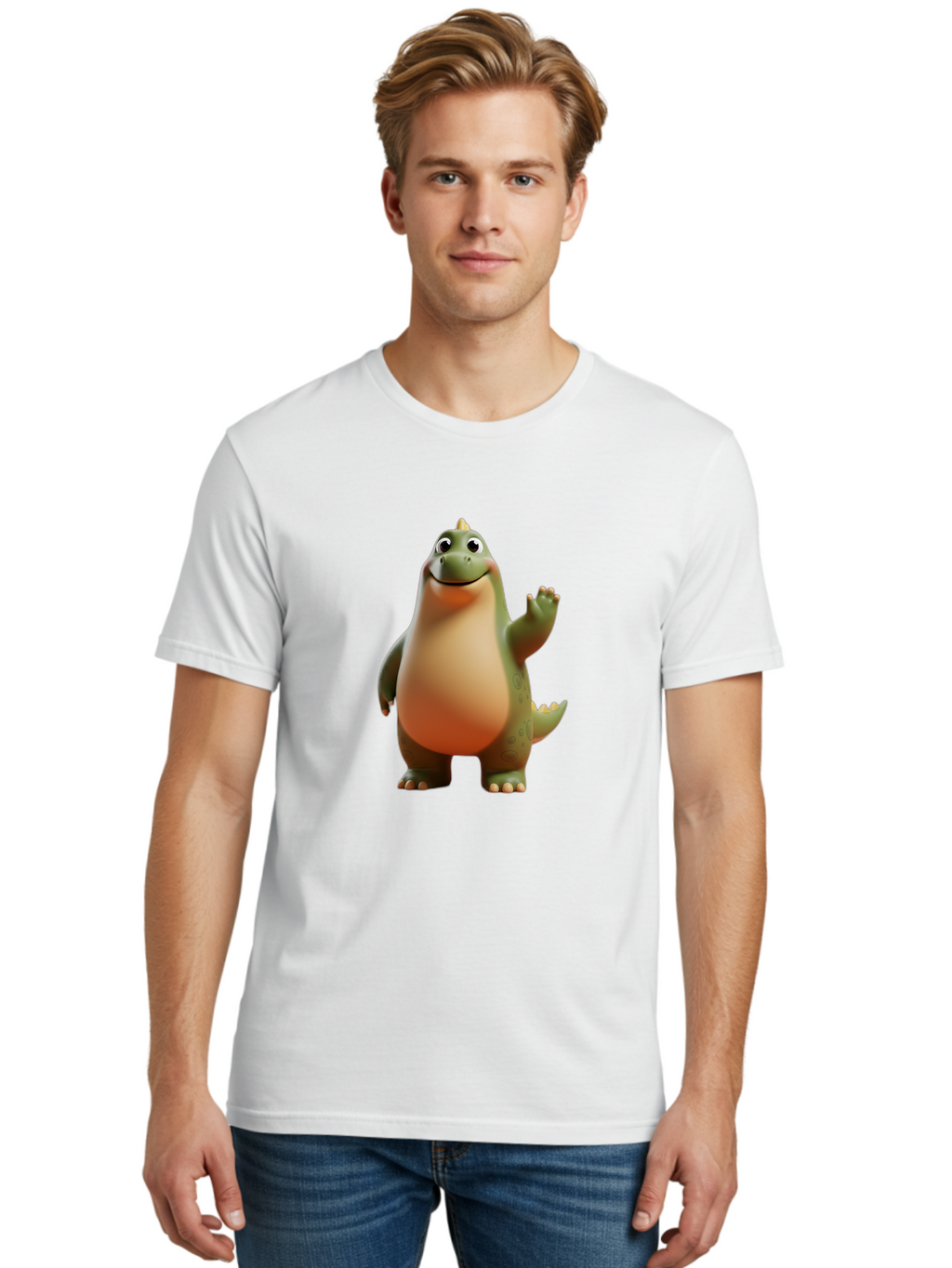 Dinosaur Men'S Graphic Tee, 100% Cotton, Comfortable Casual Summer Wear, Machine Washable, Happy Dinosaur, Cartoon Character, Friendly Creature, Cute Illustration, Waving Dinosaur, Animated Dinosaur, Green Dinosaur, Smiling Face, Fun Design, Bae439